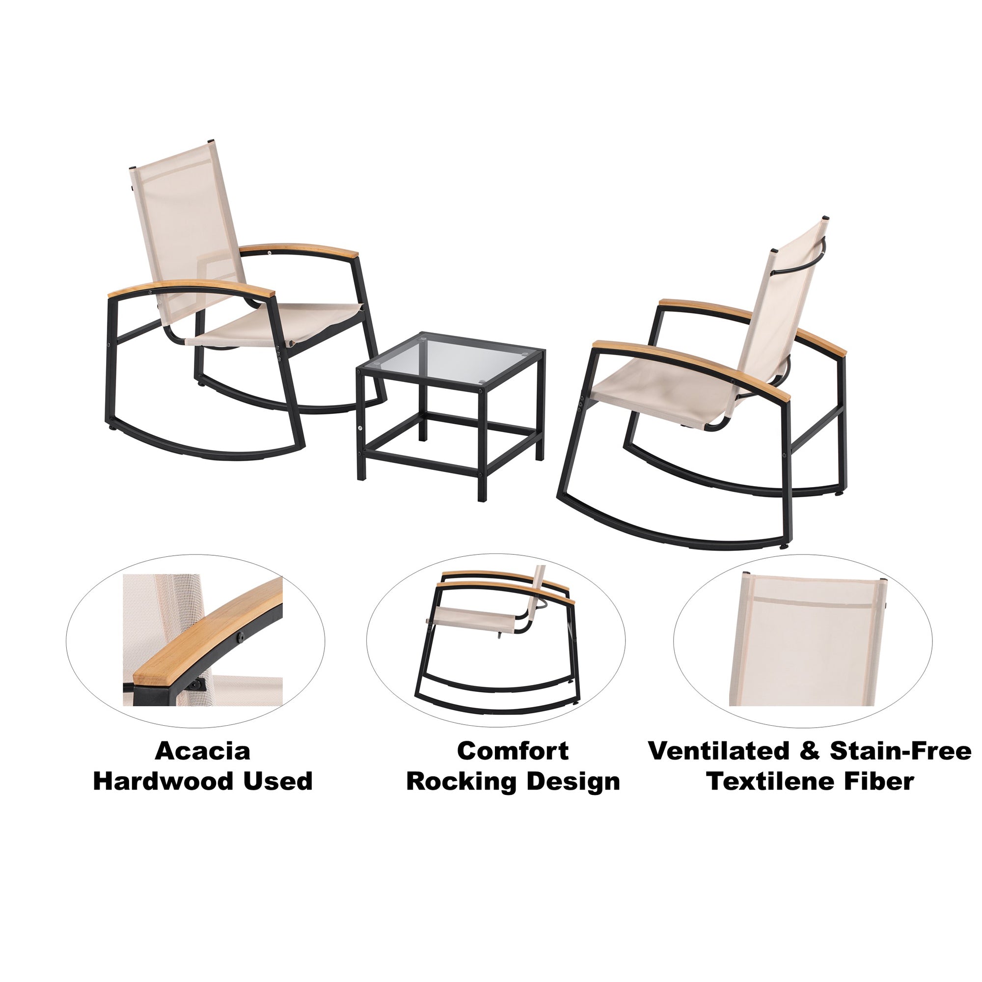 3 Piece Outdoor Black Rocking Patio conversation Set