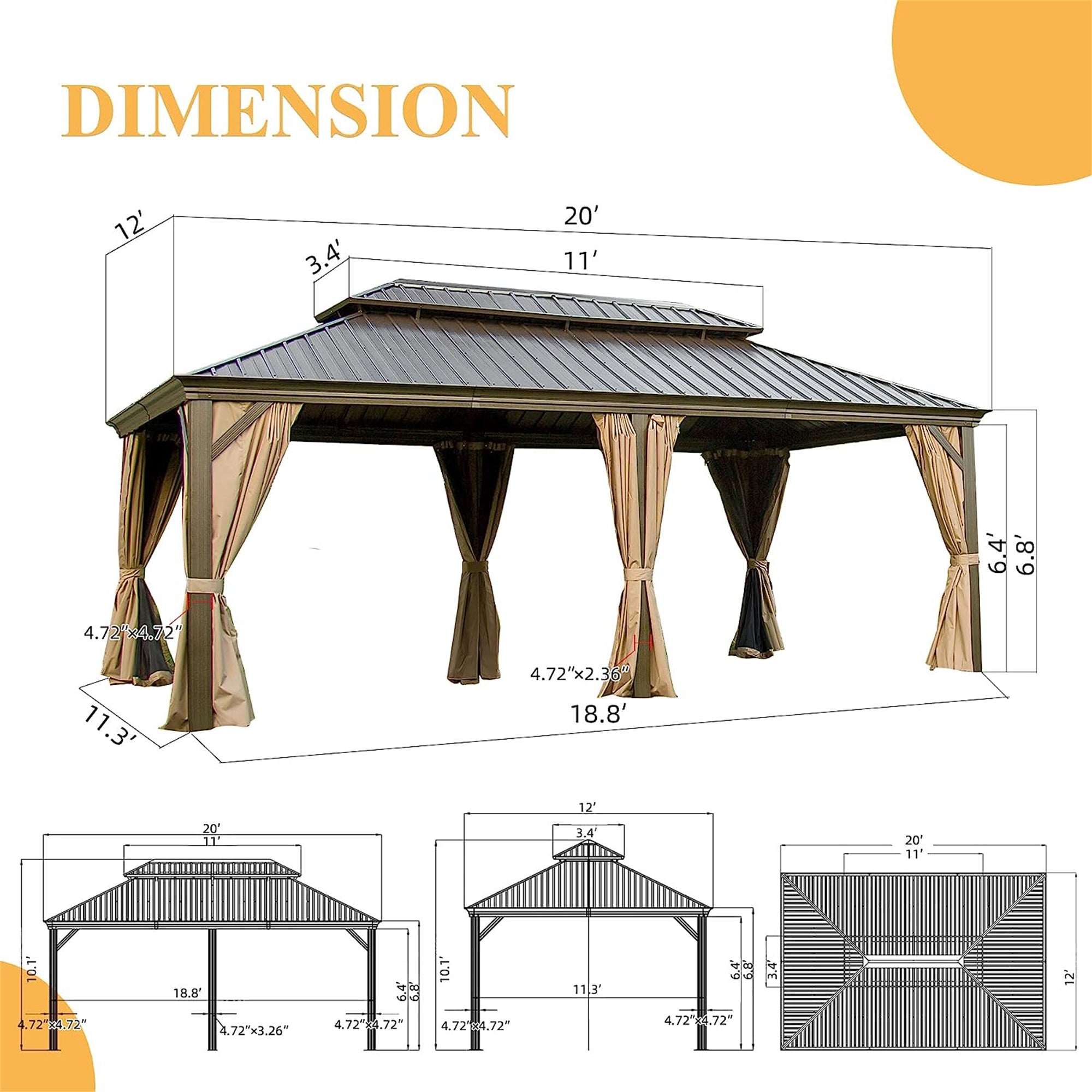 12' x20'Outdoor Brown Hardtop Aluminum Frame Canopy with Galvanized Steel Double Roof with Curtains and Netting