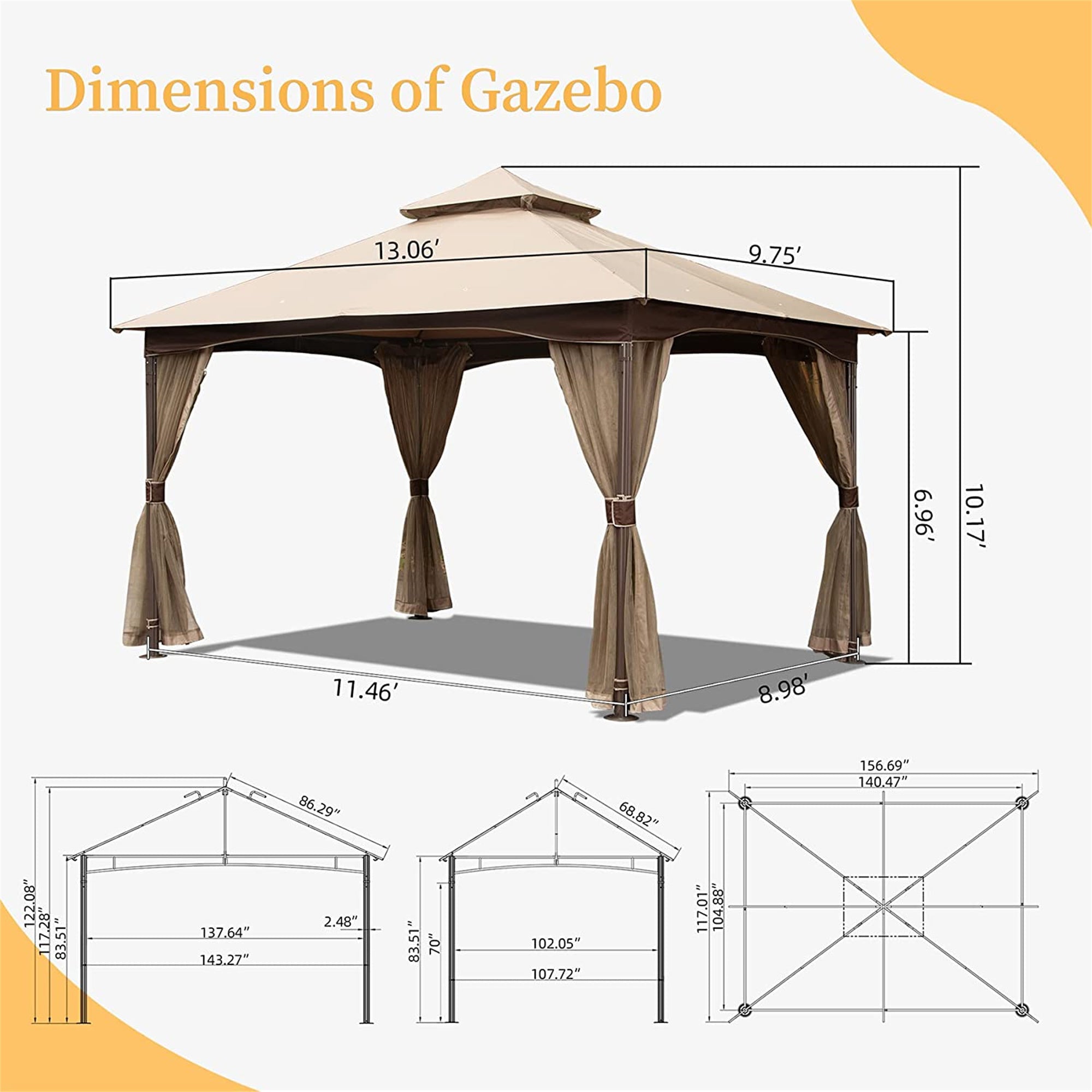 10' x 13' Outdoor Khaki Gazebo with Mosquito Netting and Metal Frame Double Roof Soft Top