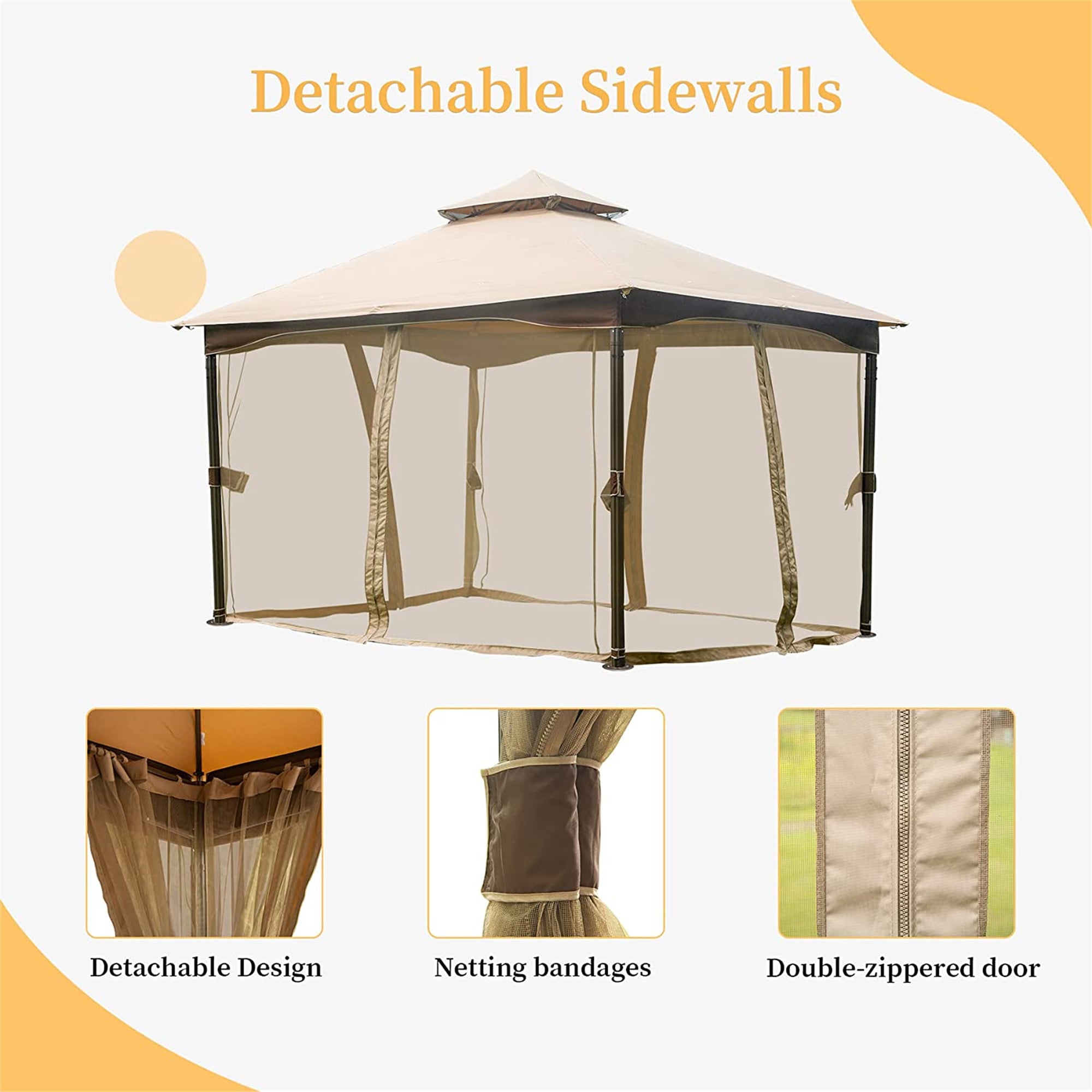 10' x 13' Outdoor Khaki Gazebo with Mosquito Netting and Metal Frame Double Roof Soft Top