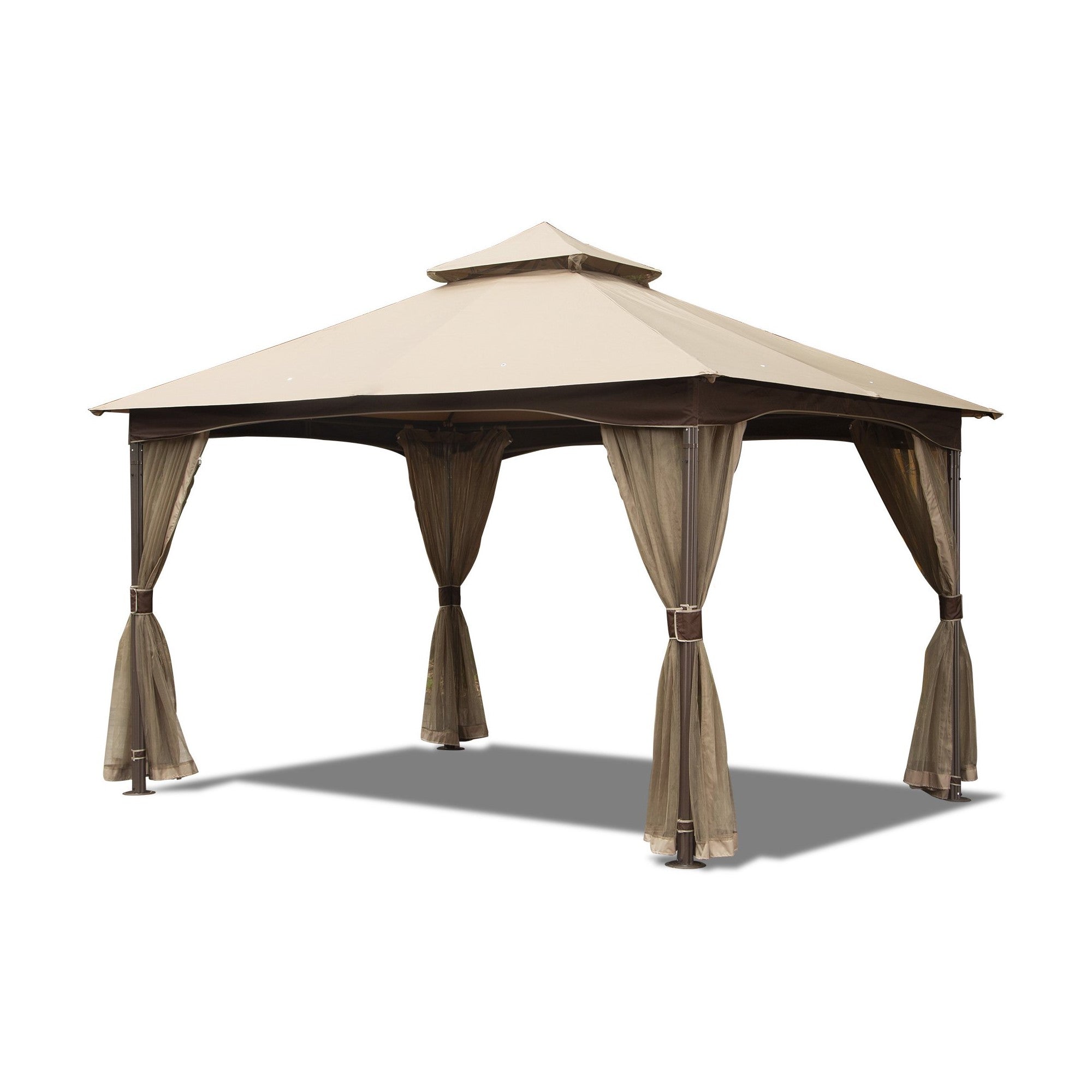 10' x 13' Outdoor Khaki Gazebo with Mosquito Netting and Metal Frame Double Roof Soft Top