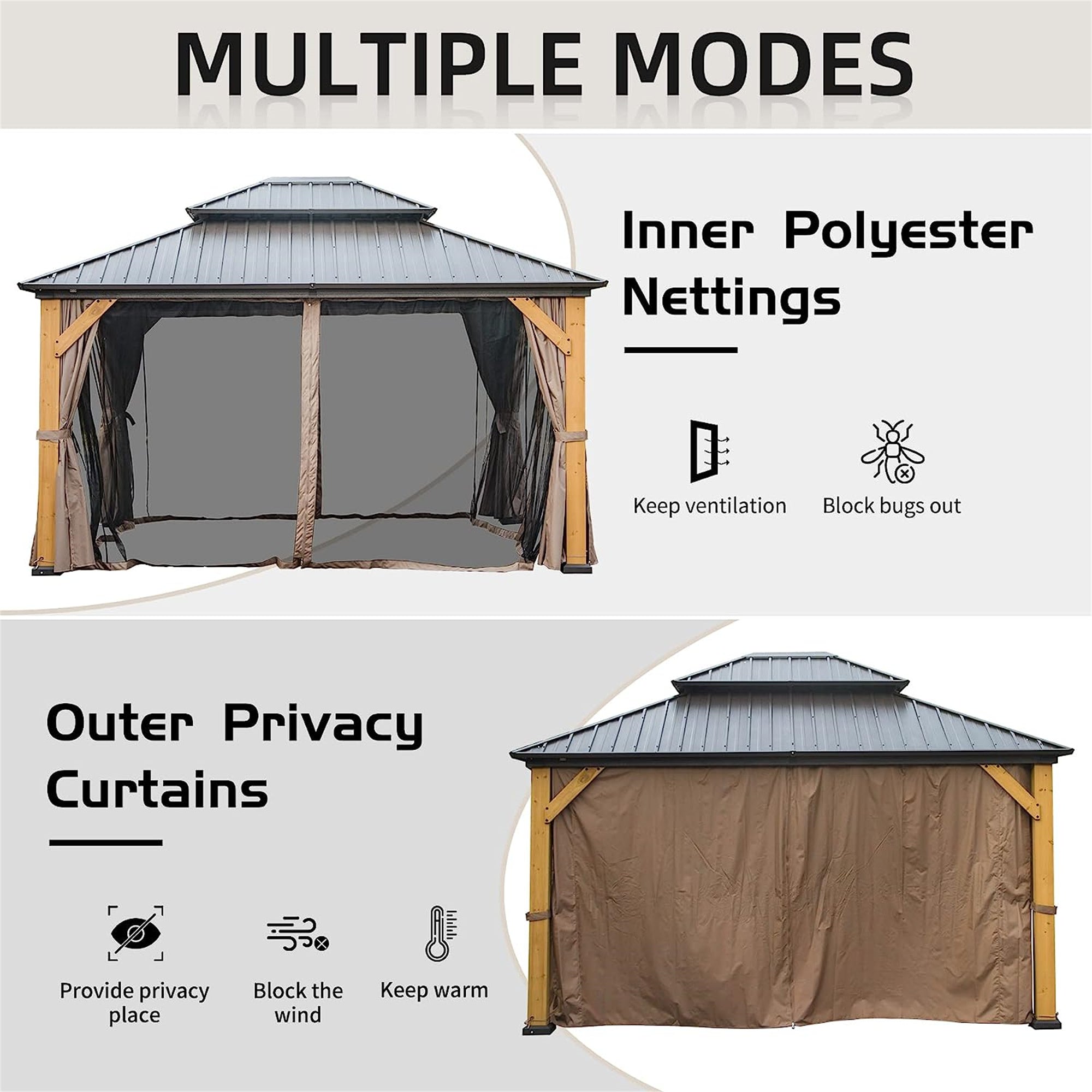 12' x 14'Outdoor Hardtop Gazebo Cedar Wood Frame Galvanized Steel Double Roof with Curtains and Netting