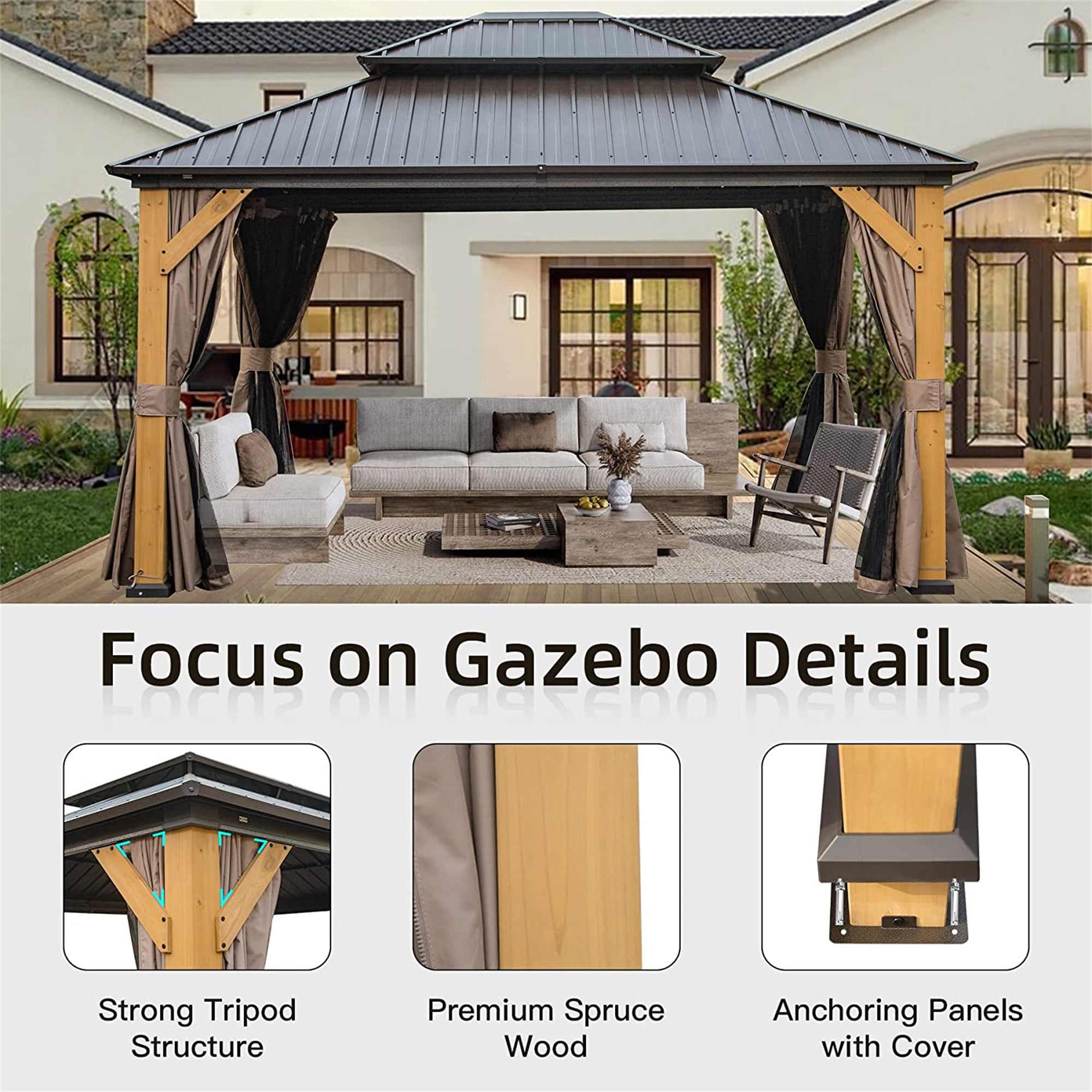 12' x 14'Outdoor Hardtop Gazebo Cedar Wood Frame Galvanized Steel Double Roof with Curtains and Netting