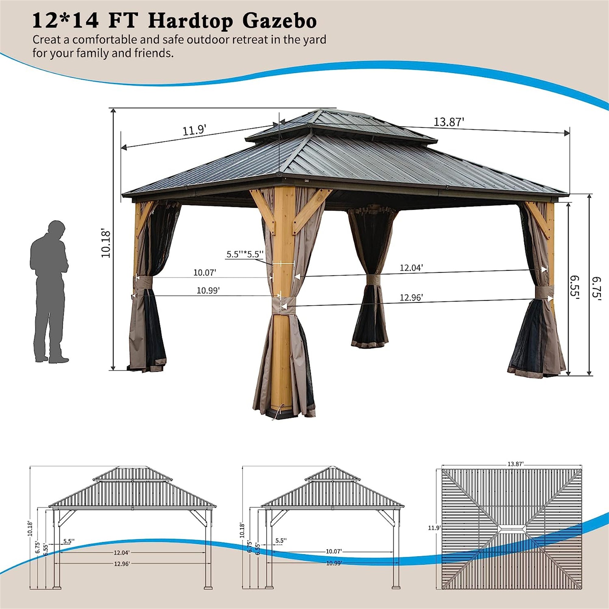 12' x 14'Outdoor Hardtop Gazebo Cedar Wood Frame Galvanized Steel Double Roof with Curtains and Netting