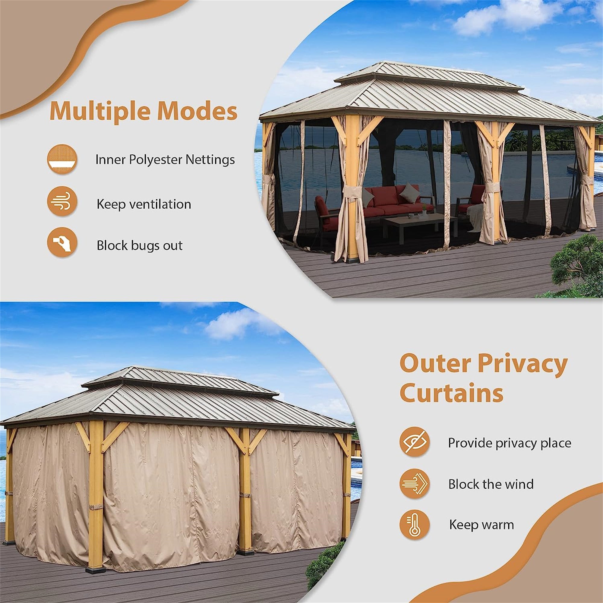 12' x 20' Outdoor Hardtop Gazebo Cedar Wood Frame Galvanized Steel Double Roof with Curtains and Netting