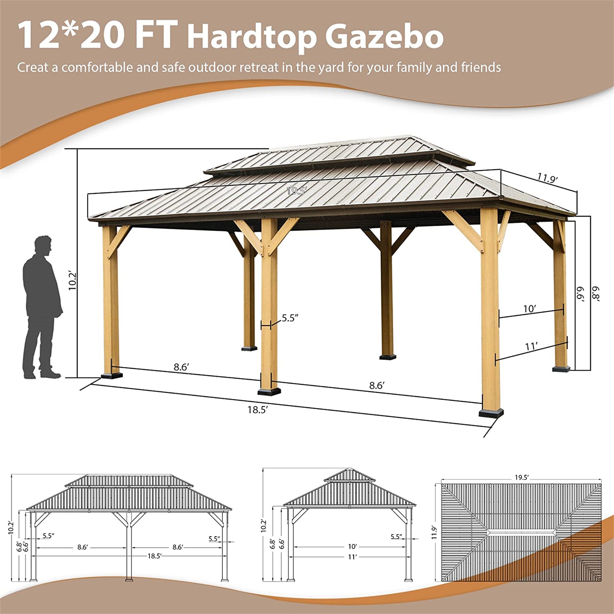 12' x 20' Outdoor Hardtop Gazebo Cedar Wood Frame Galvanized Steel Double Roof with Curtains and Netting