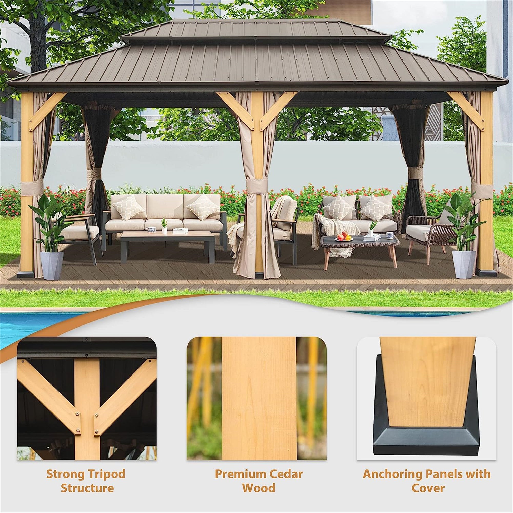 12' x 20' Outdoor Hardtop Gazebo Cedar Wood Frame Galvanized Steel Double Roof with Curtains and Netting