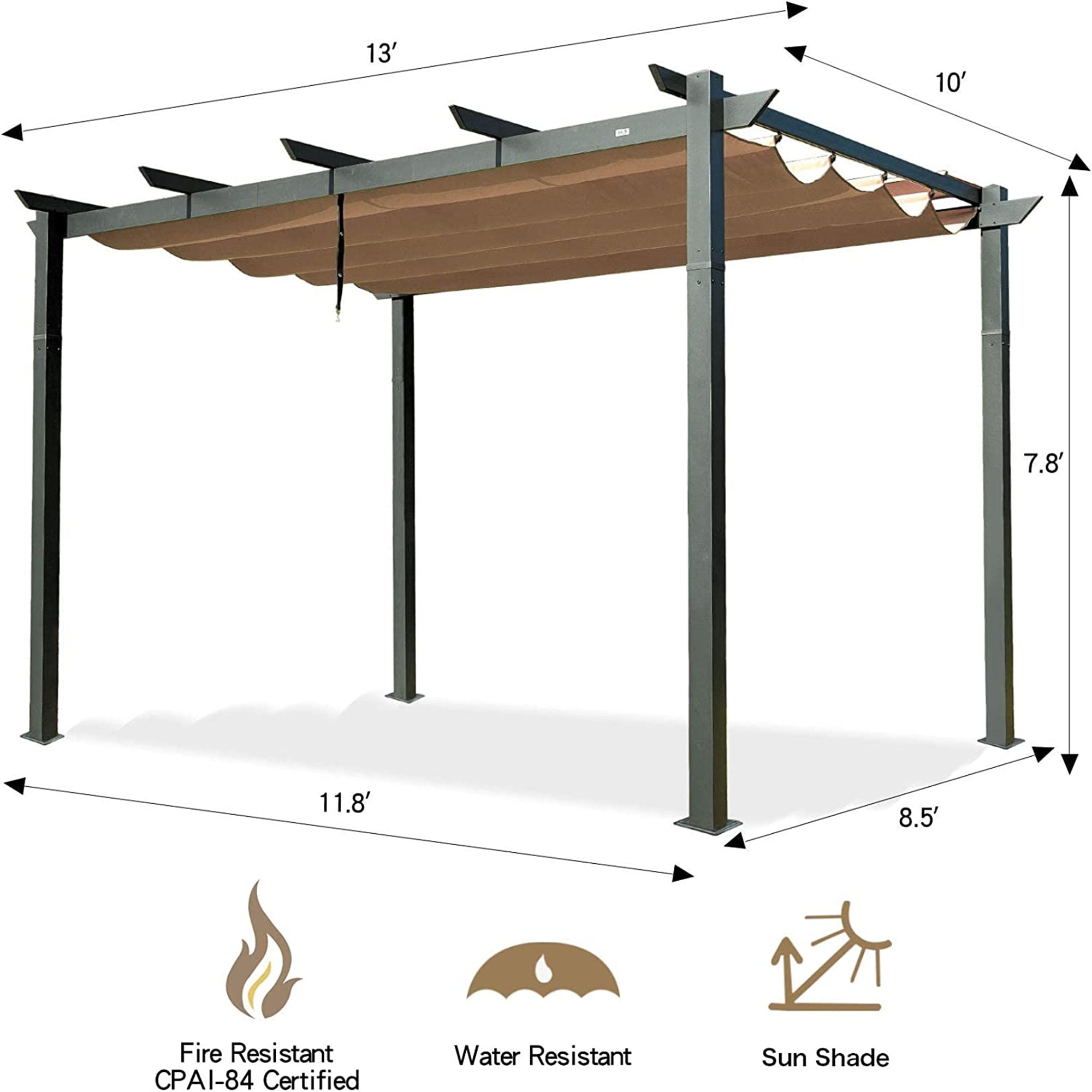 10' x 13' Aluminum Retractable Pergola with Beige Weather-Resistant Canopy