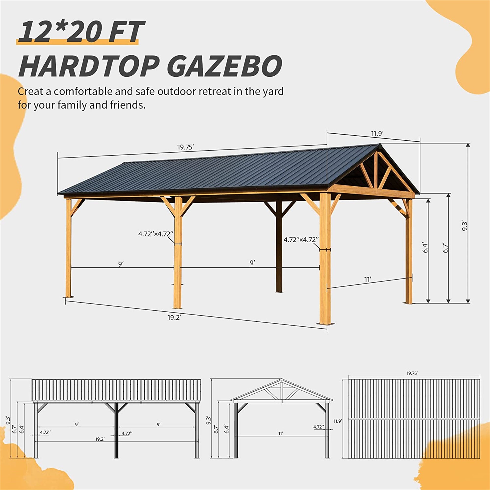 12' x 20' Outdoor Yellow Brown Hardtop Gazebo Galvanized Steel Gable Roof with Wood Grain Aluminum Frame