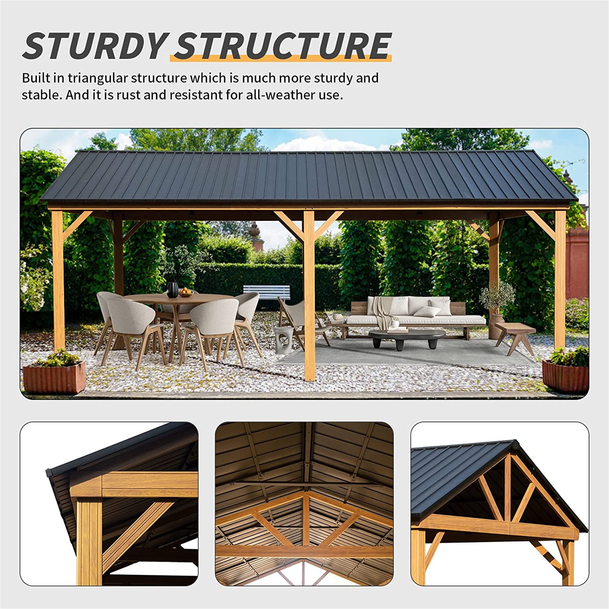 12' x 20' Outdoor Yellow Brown Hardtop Gazebo Galvanized Steel Gable Roof with Wood Grain Aluminum Frame