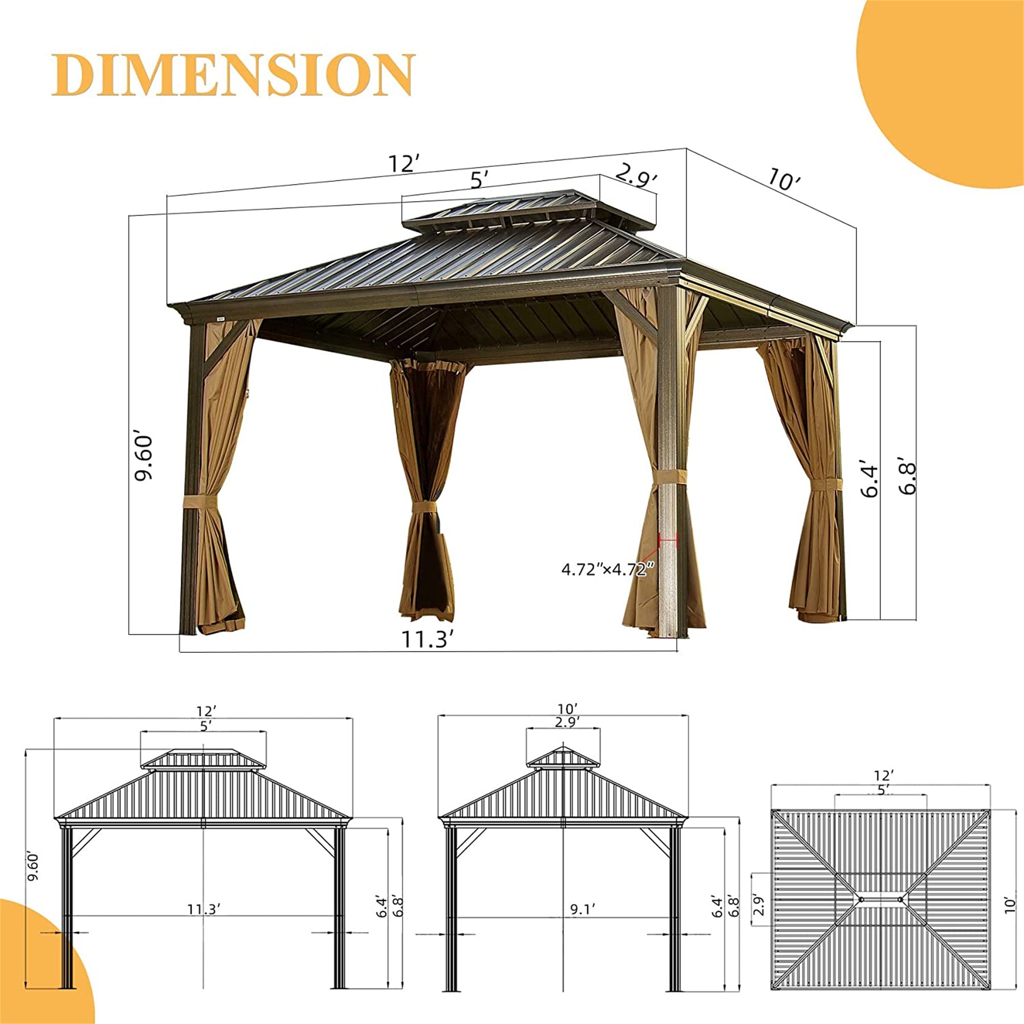 12' x 10' Outdoor Brown Hardtop Aluminum Gazebo Galvanized Steel Double Canopy