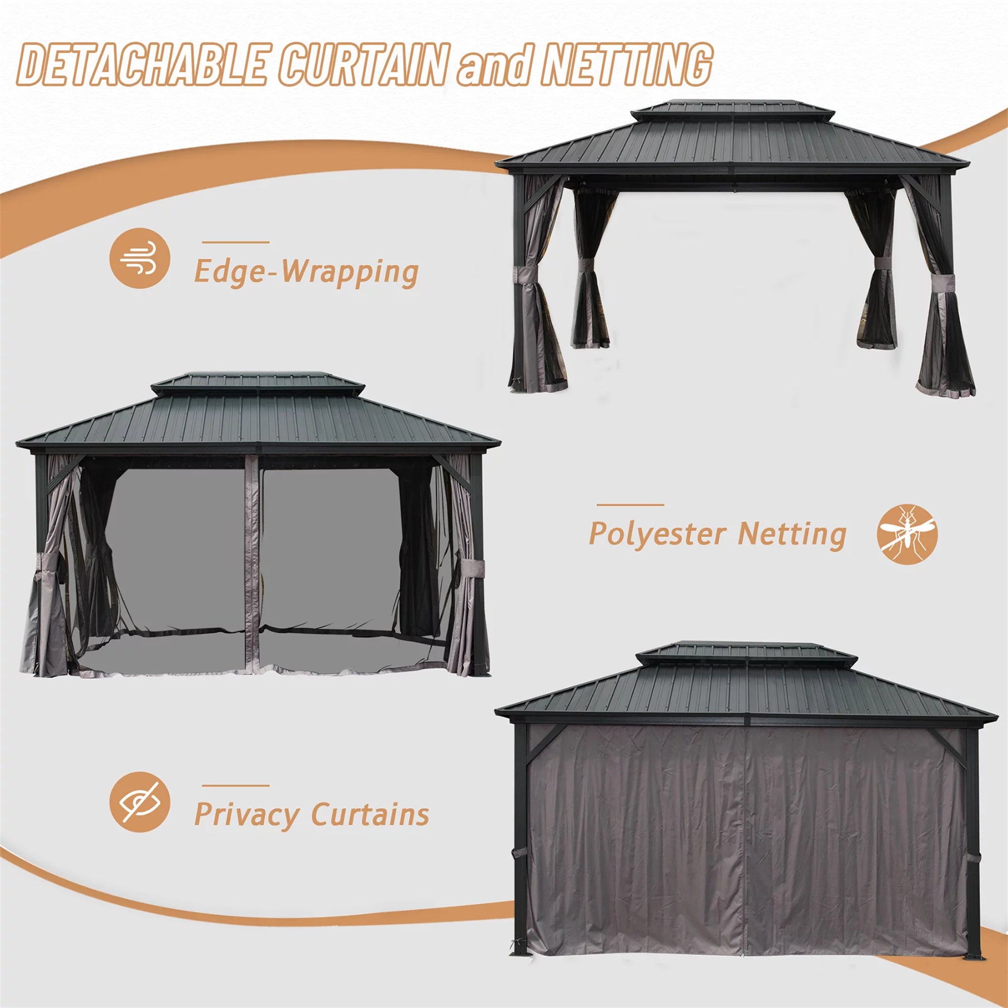 12' x 10' Outdoor Brown Hardtop Aluminum Gazebo Galvanized Steel Double Canopy