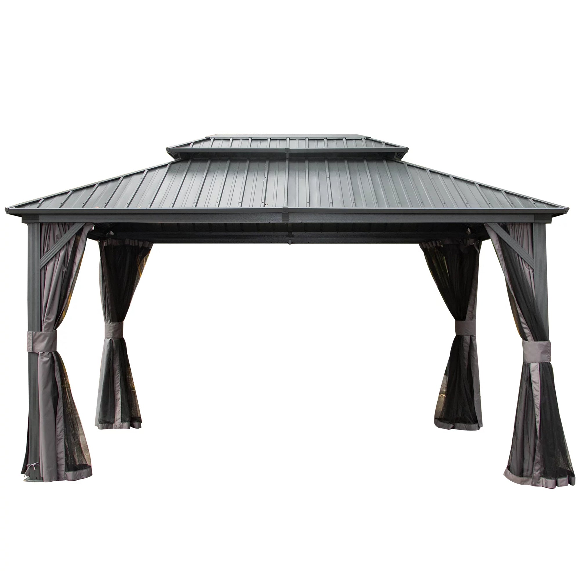 12' x 10' Outdoor Brown Hardtop Aluminum Gazebo Galvanized Steel Double Canopy