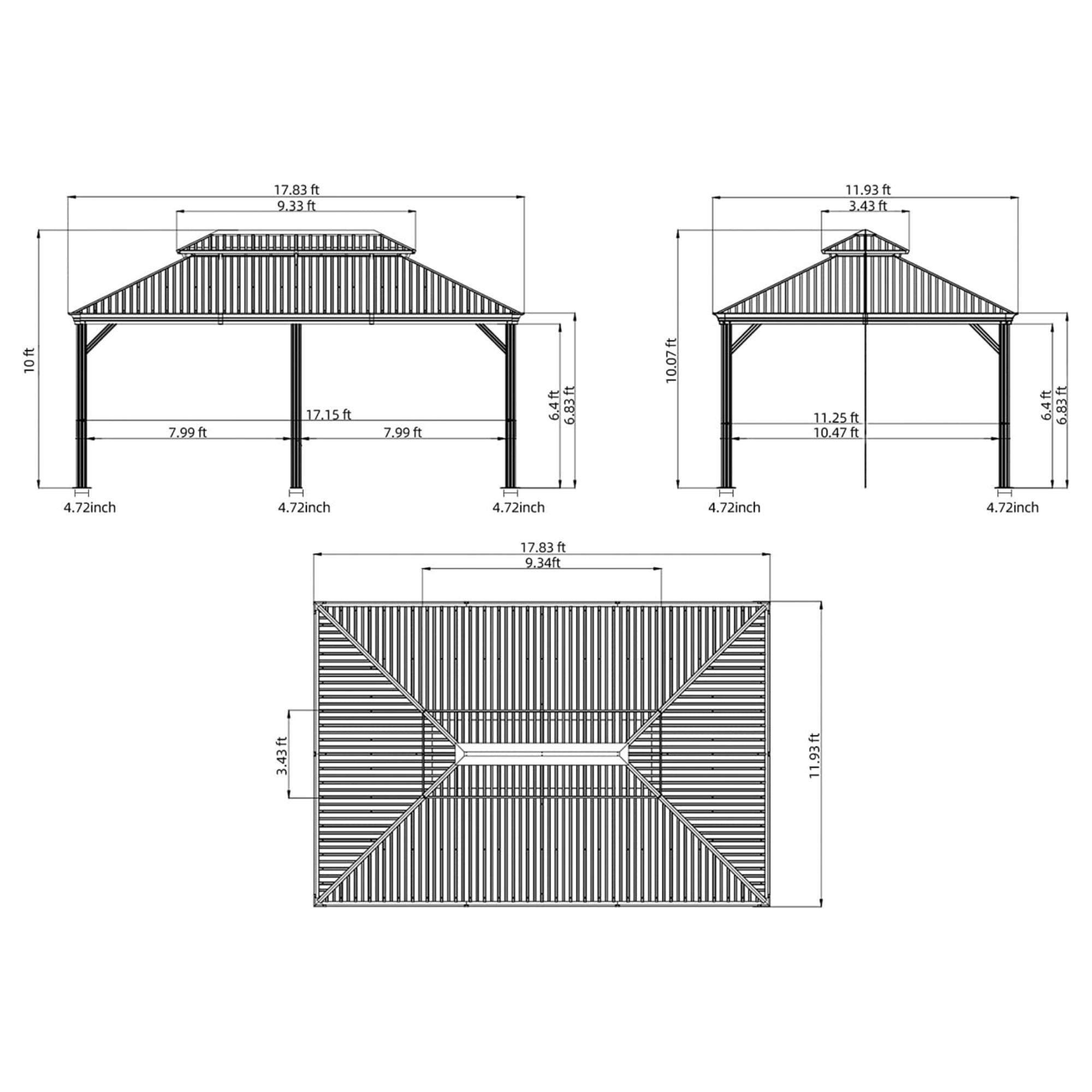 12' x 18' Outdoor Aluminum Hardtop Gazebo Wood Grain Frame with Galvanized Steel Double Canopy