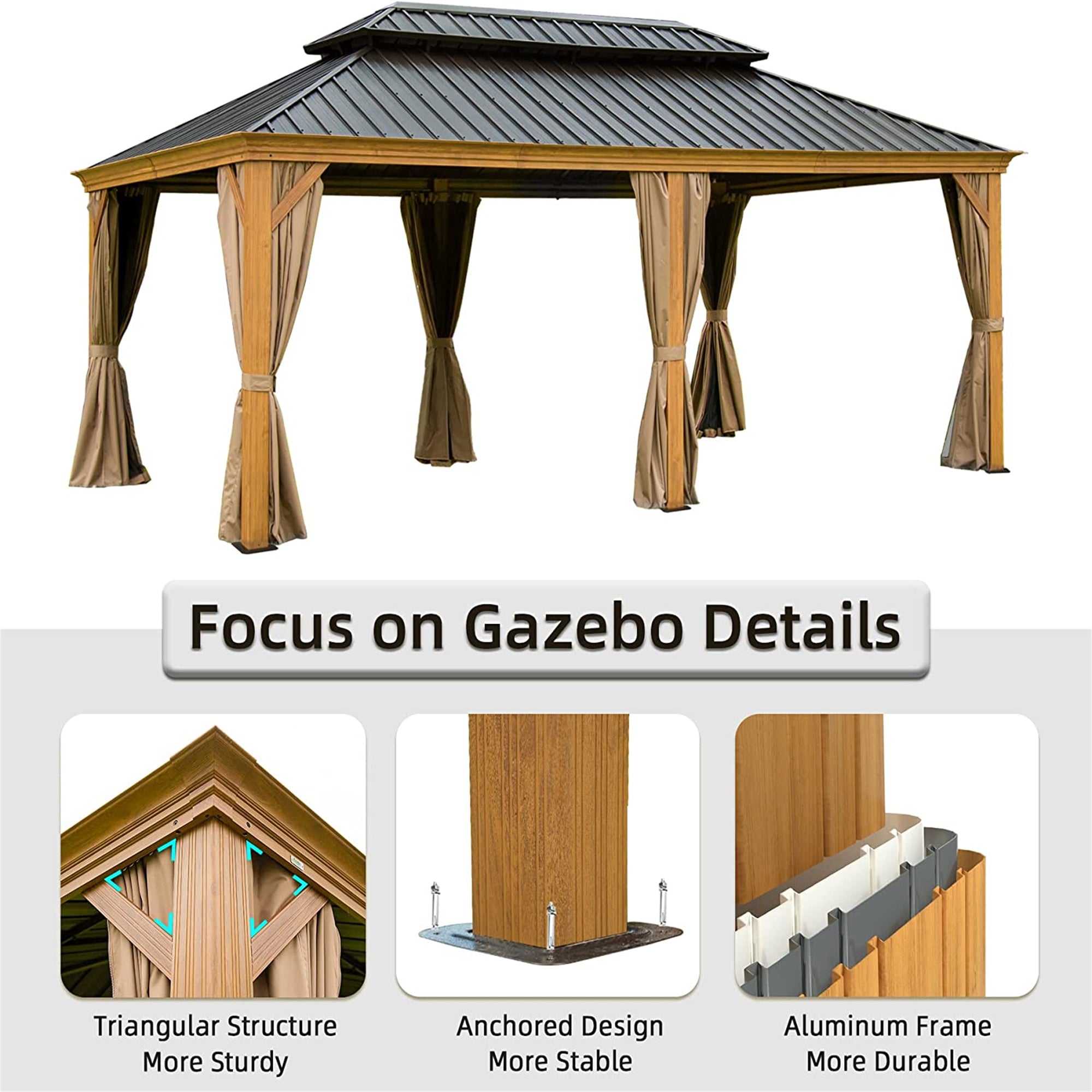 12' x 18' Outdoor Aluminum Hardtop Gazebo Wood Grain Frame with Galvanized Steel Double Canopy