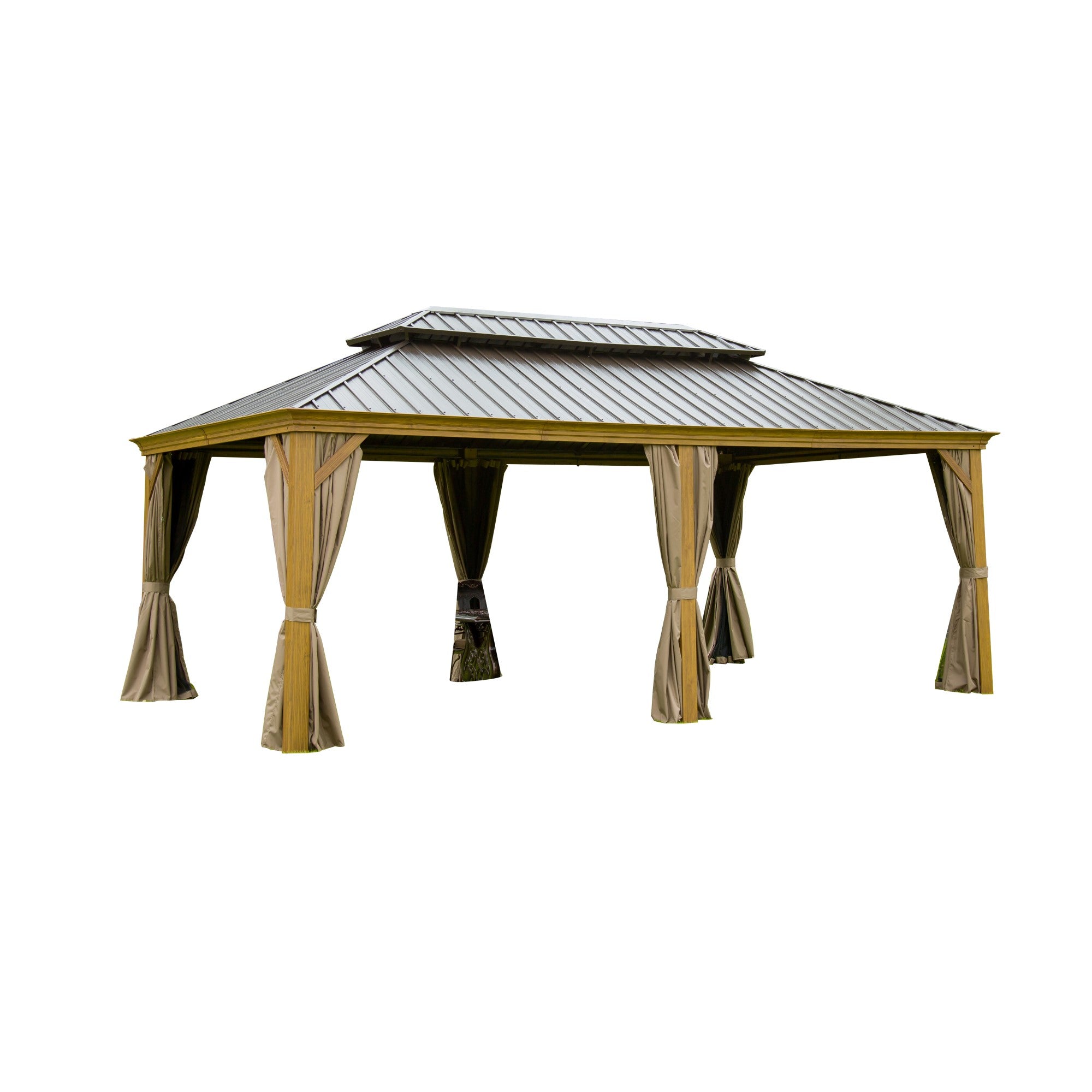 12' x 18' Outdoor Aluminum Hardtop Gazebo Wood Grain Frame with Galvanized Steel Double Canopy