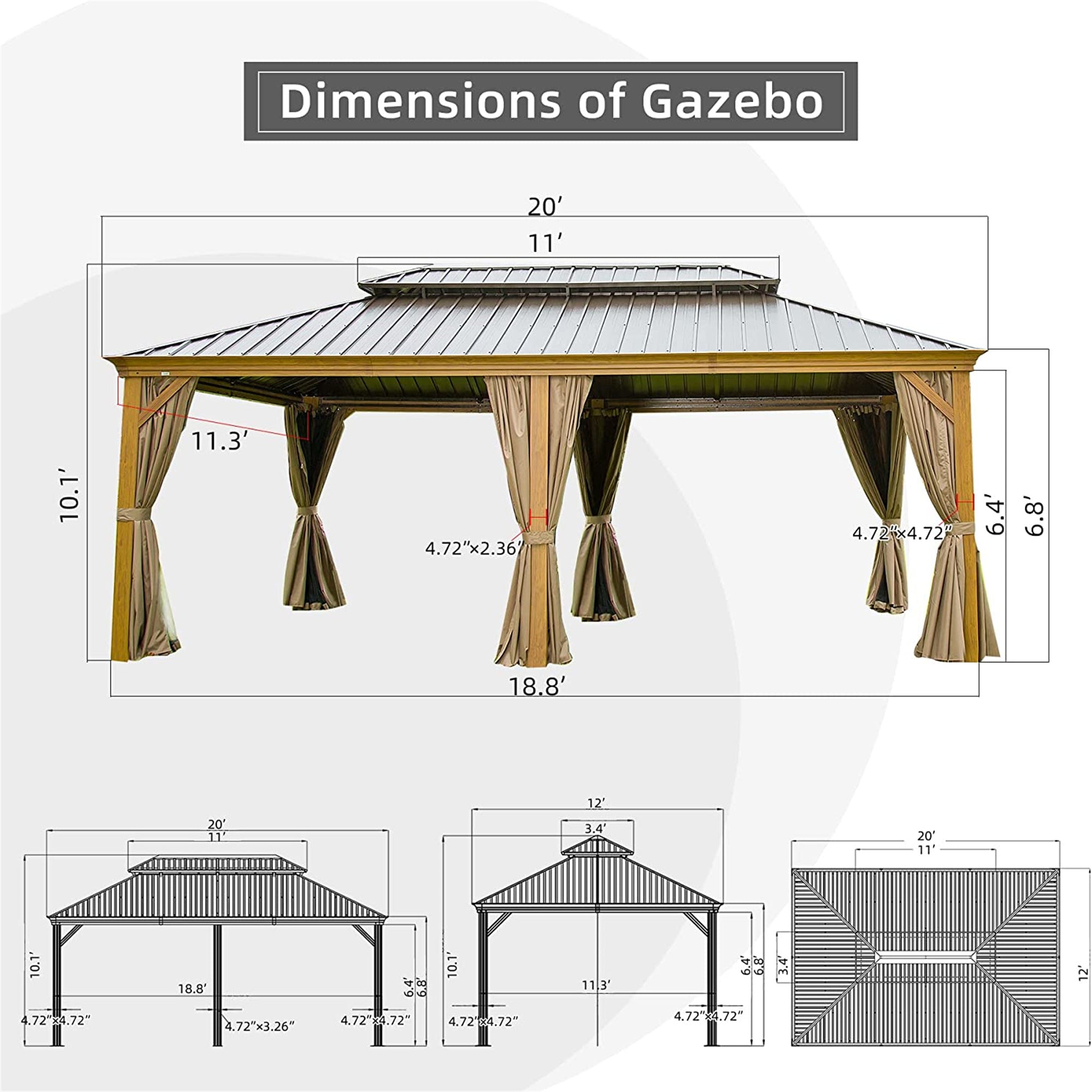 12' x 20' Outdoor Aluminum Hardtop Gazebo Wood Grain Frame with Galvanized Steel Double Canopy