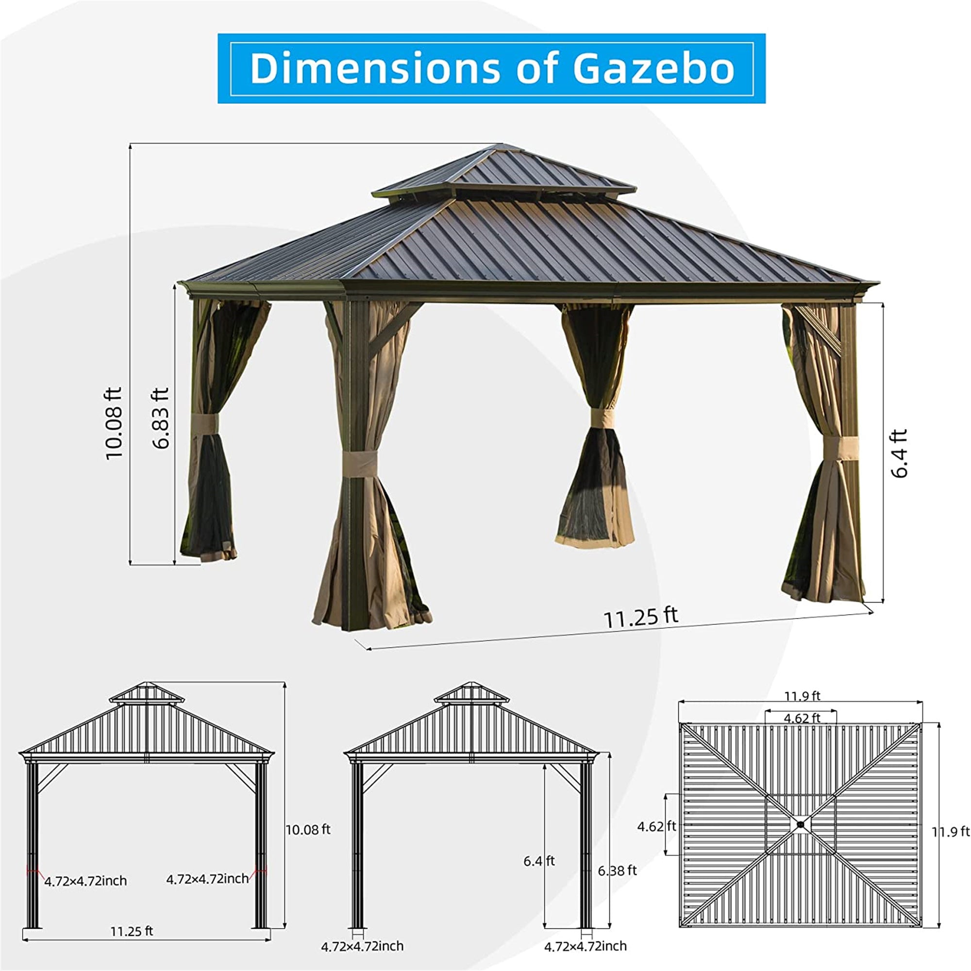 12' x 12' Outdoor Brown Aluminum Hardtop Gazebo with Galvanized Steel Double Roof with Curtains and Netting