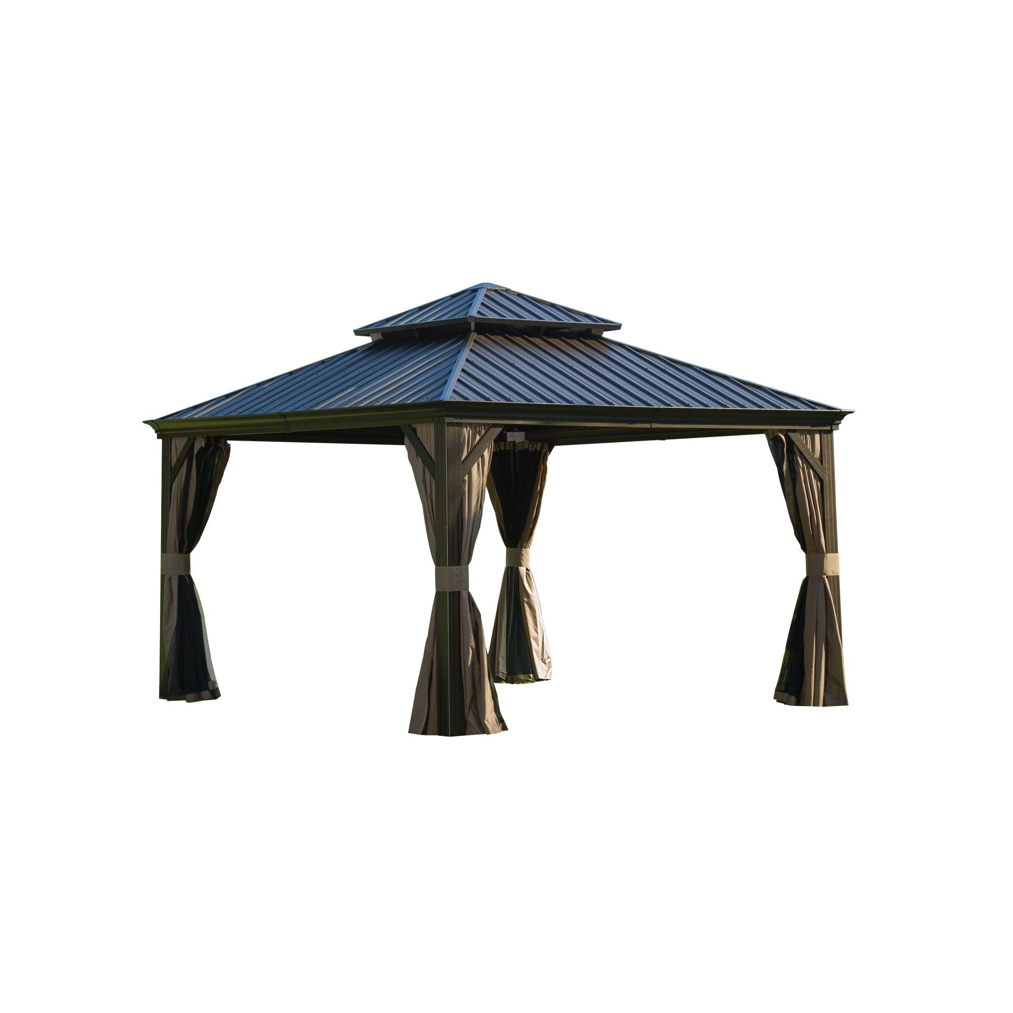 12' x 12' Outdoor Brown Aluminum Hardtop Gazebo with Galvanized Steel Double Roof with Curtains and Netting