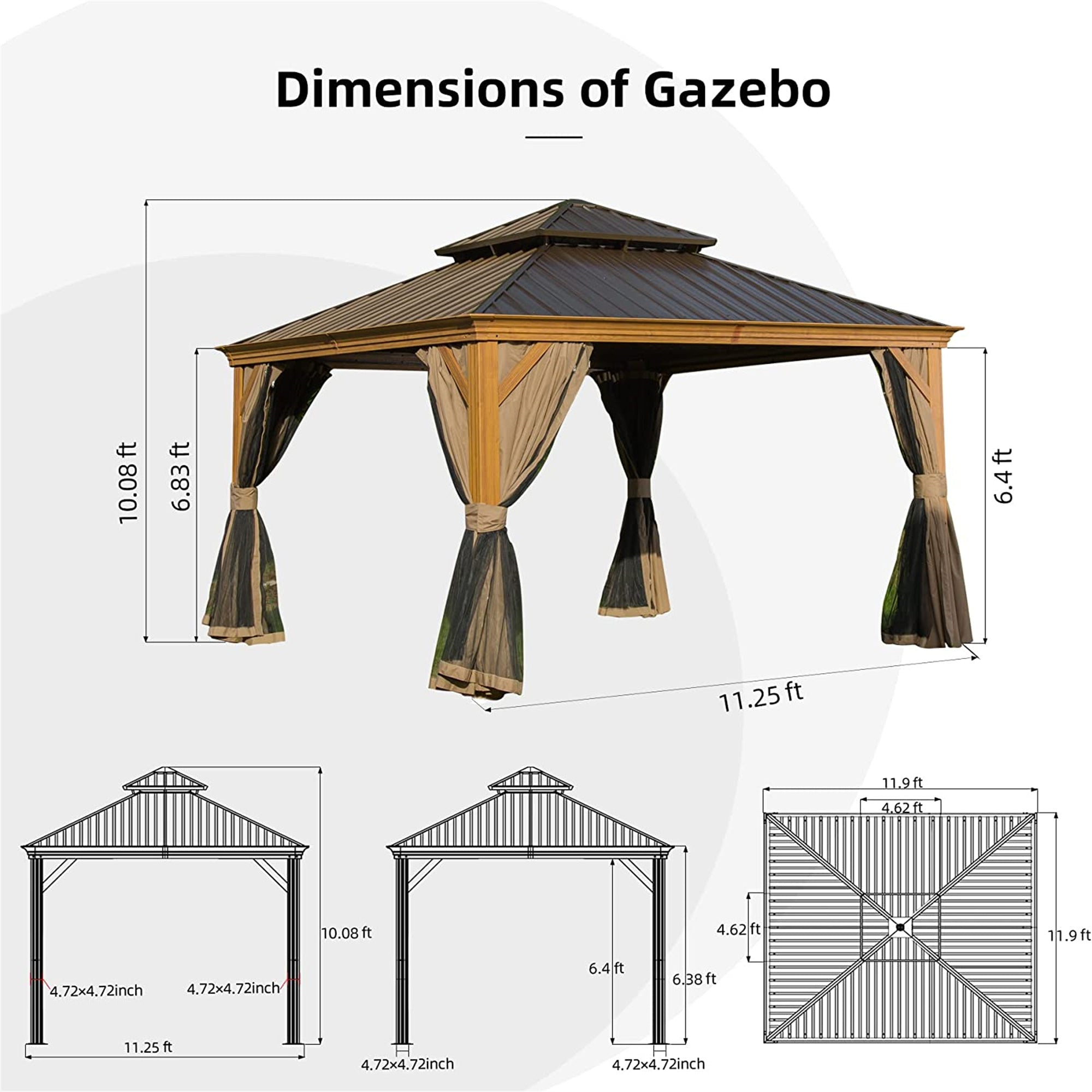 12' x 12' Aluminum Hardtop Gazebo Wooden Coated with Galvanized Steel Double Roof with Curtains and Netting