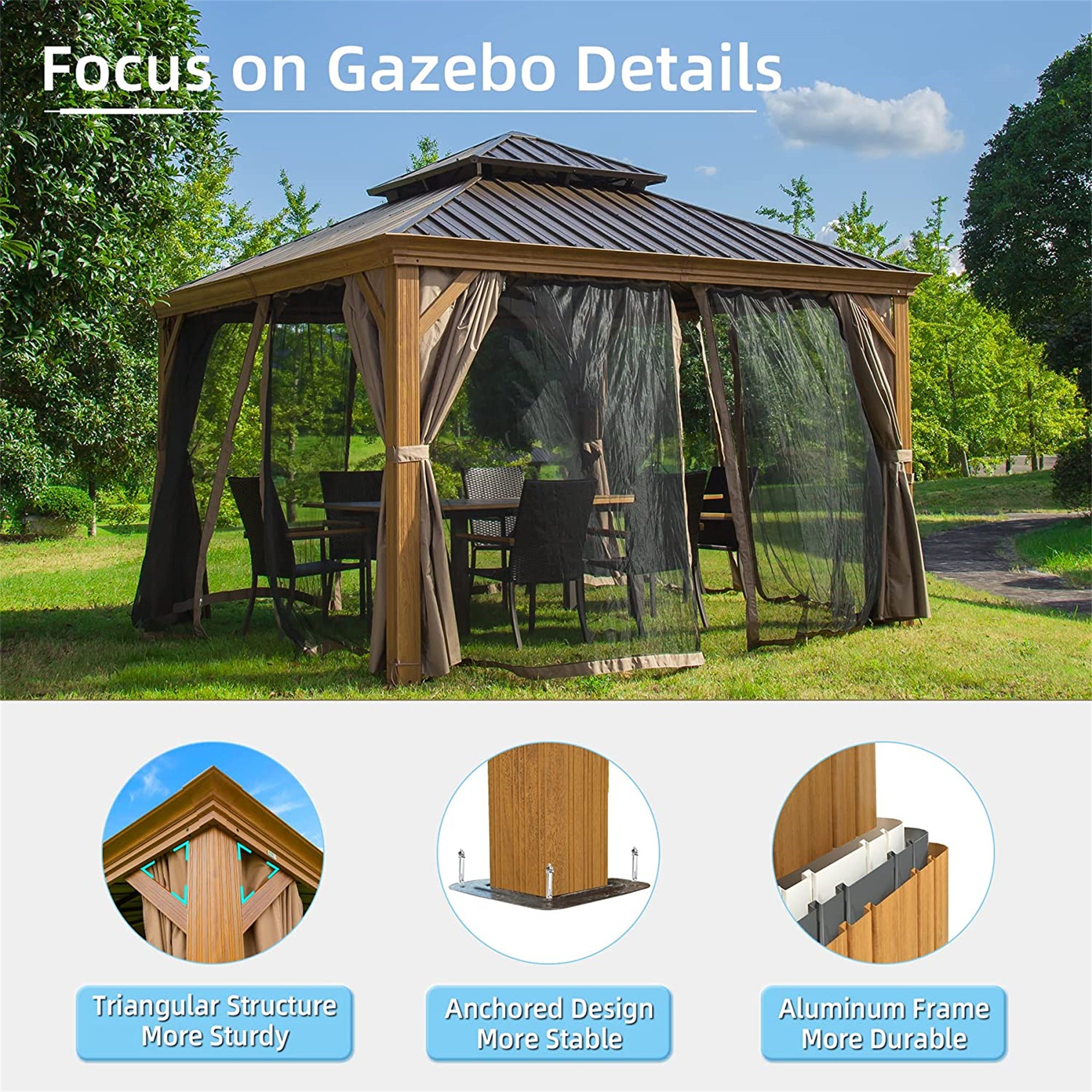 12' x 12' Aluminum Hardtop Gazebo Wooden Coated with Galvanized Steel Double Roof with Curtains and Netting