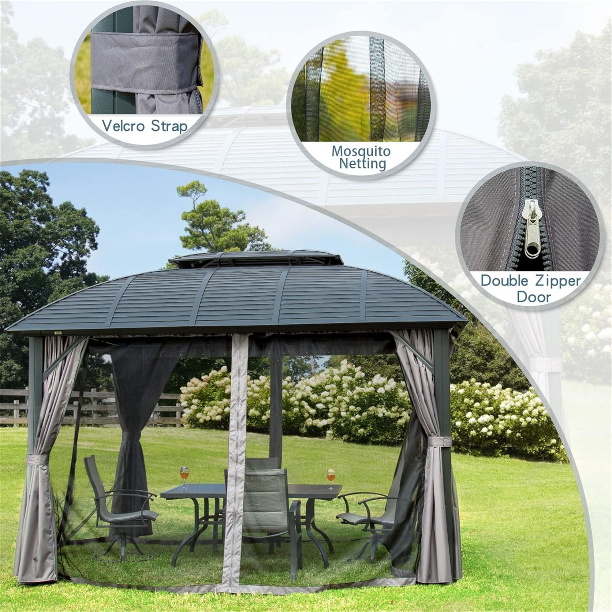 10' x 12' Outdoor Black Aluminum Hardtop Gazebo with Galvanized Steel Double Roof with Curtains and Netting