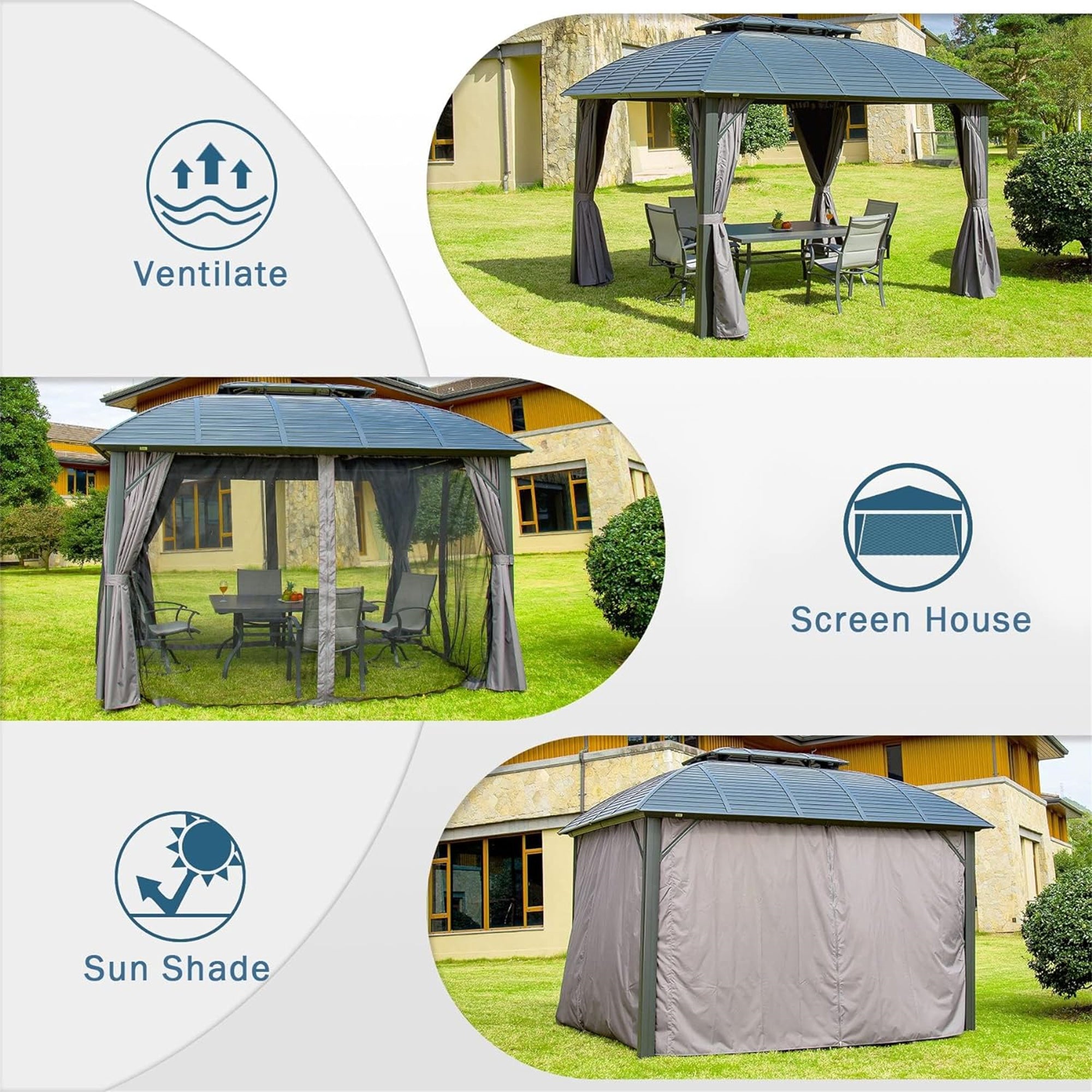 10' x 12' Outdoor Black Aluminum Hardtop Gazebo with Galvanized Steel Double Roof with Curtains and Netting