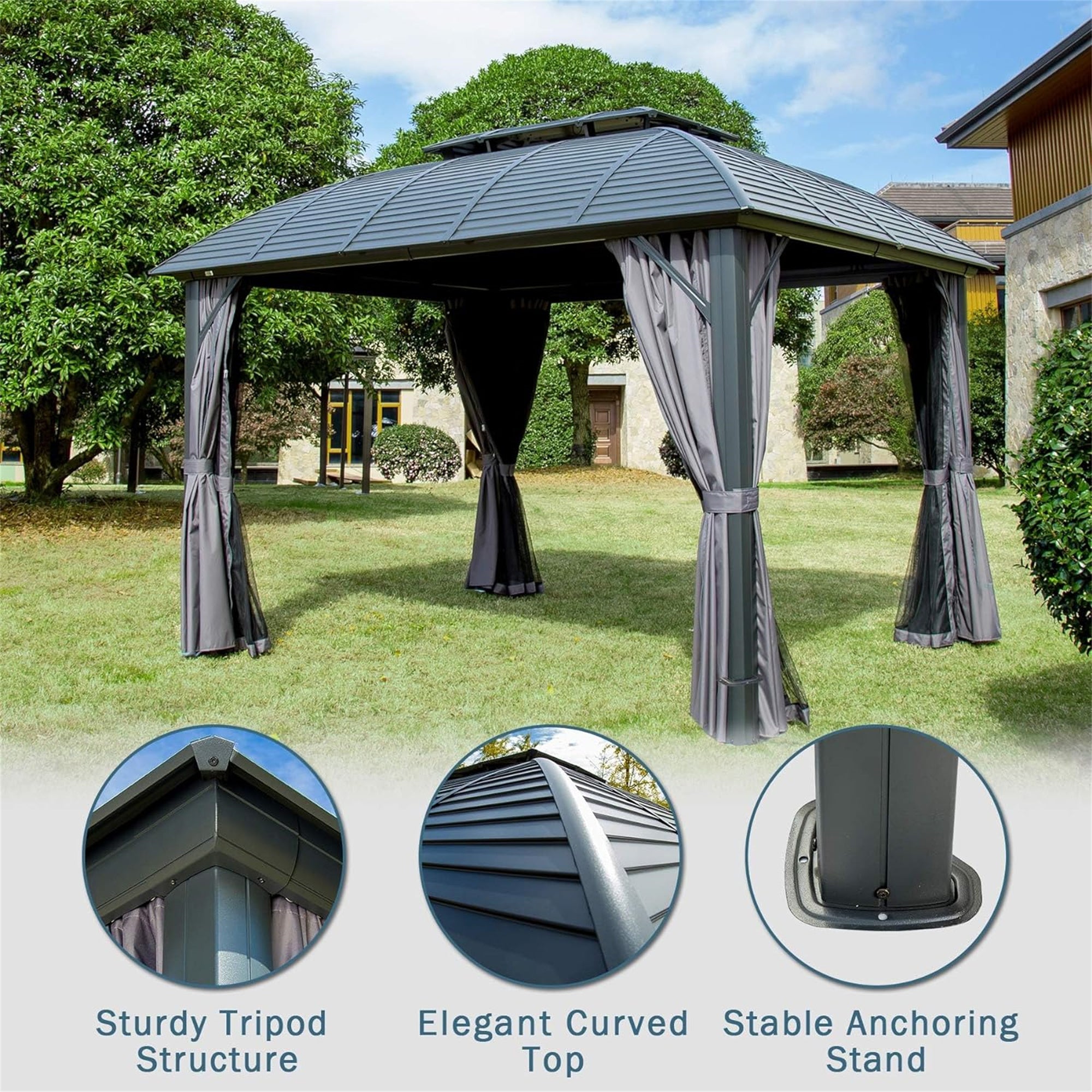 10' x 12' Outdoor Black Aluminum Hardtop Gazebo with Galvanized Steel Double Roof with Curtains and Netting