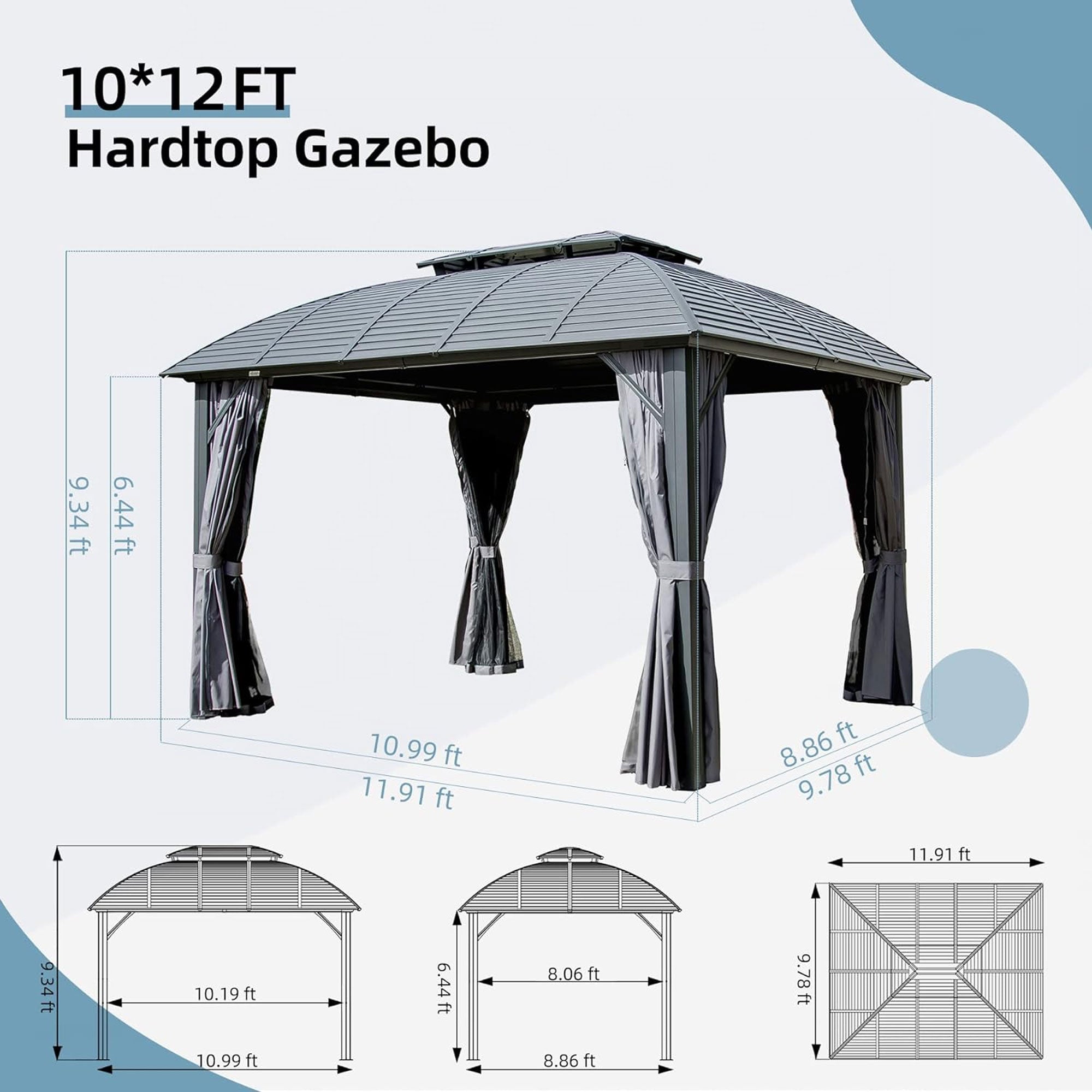 10' x 12' Outdoor Black Aluminum Hardtop Gazebo with Galvanized Steel Double Roof with Curtains and Netting