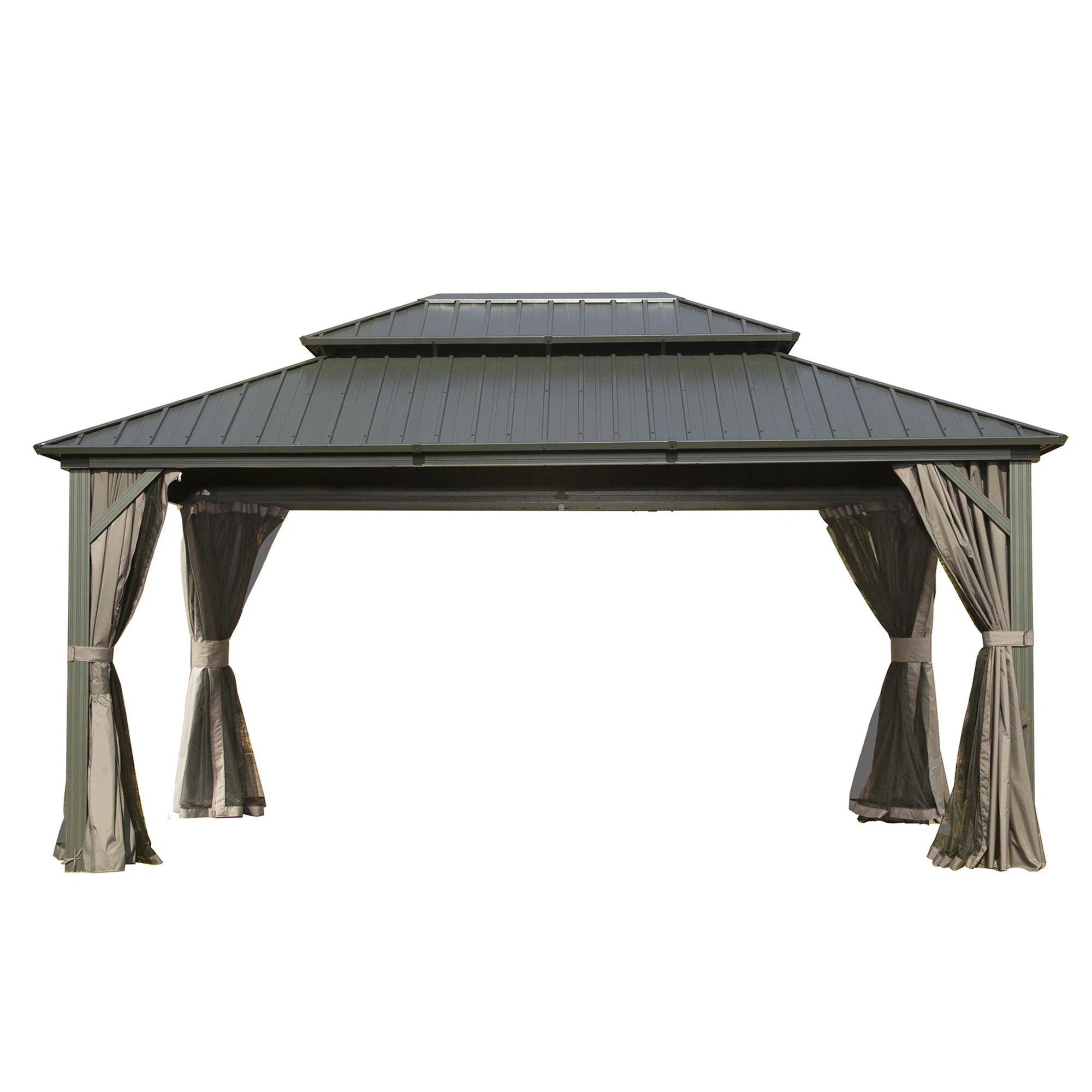 16' x 12' Outdoor Brown Aluminum Hardtop Gazebo Grill with Galvanized Steel Double Canopy