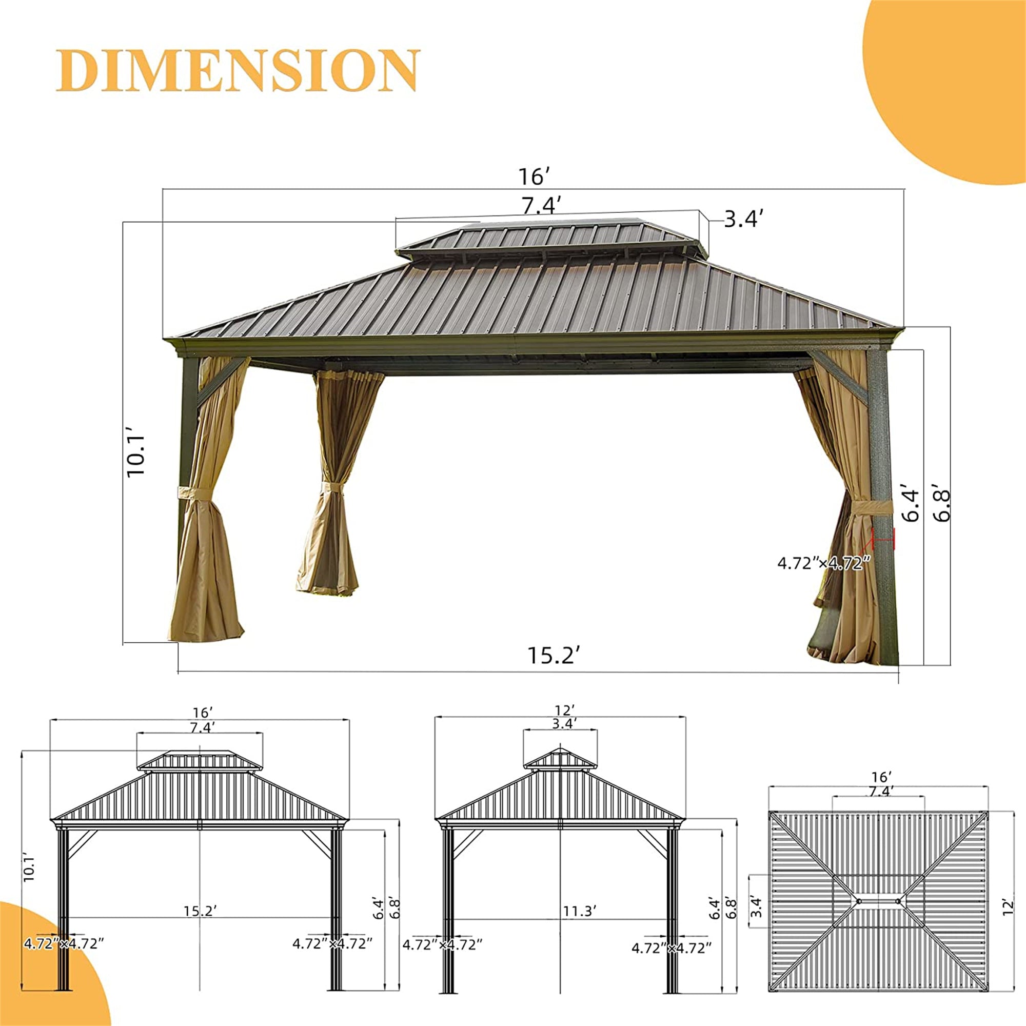 16' x 12' Outdoor Brown Aluminum Hardtop Gazebo Grill with Galvanized Steel Double Canopy