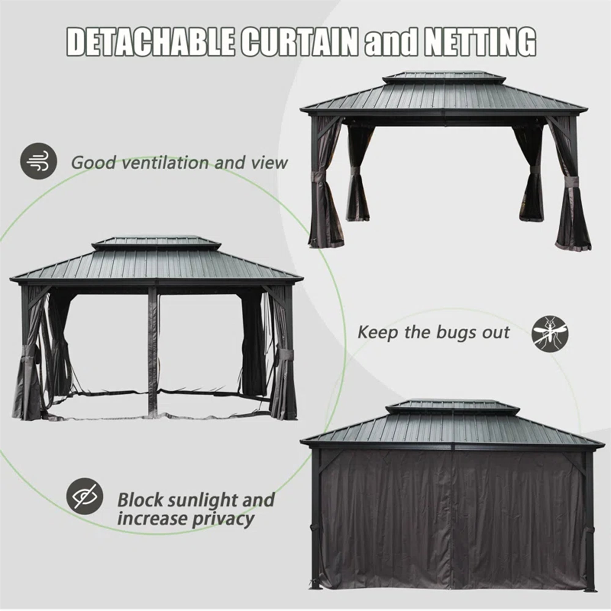 16' x 12' Outdoor Brown Aluminum Hardtop Gazebo Grill with Galvanized Steel Double Canopy