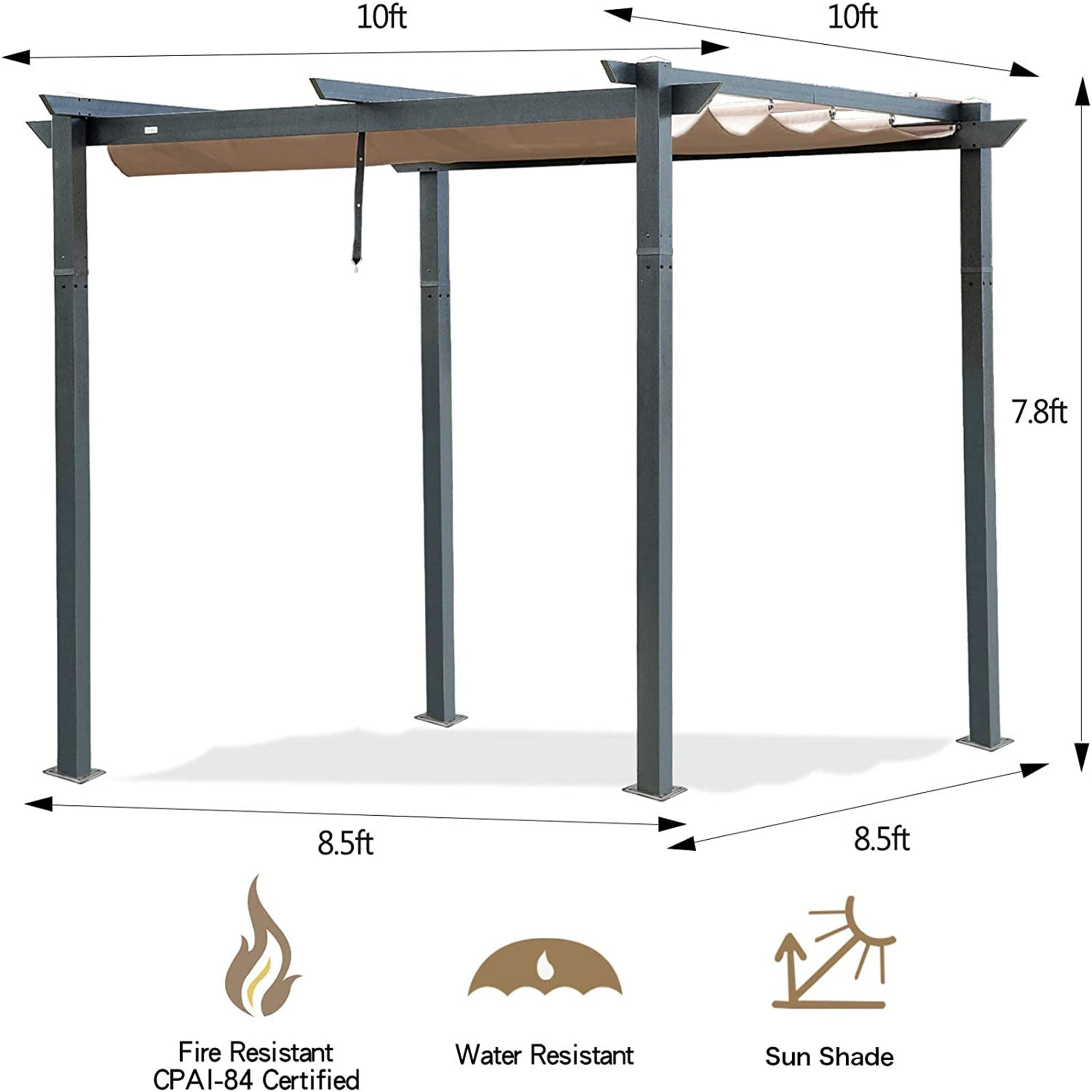 10' x 10' Outdoor Aluminum Retractable Pergola with Weather-Resistant Canopy