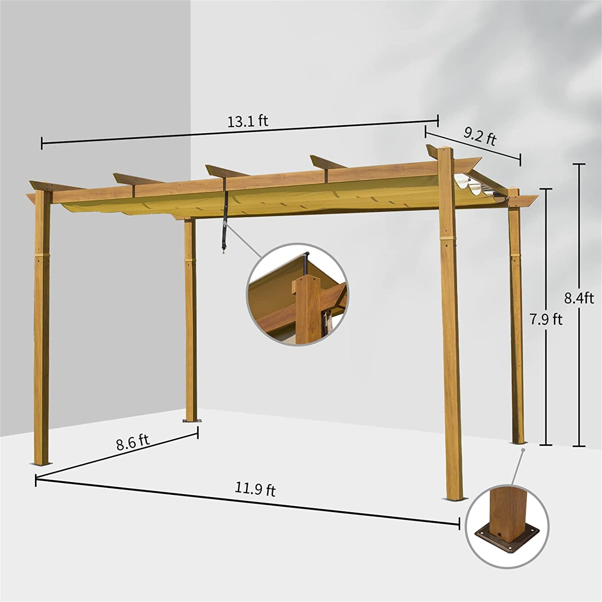 13' x 9' Outdoor Yellow Brown Aluminum Retractable Pergola with Weather-Resistant Sun Shade Canopy