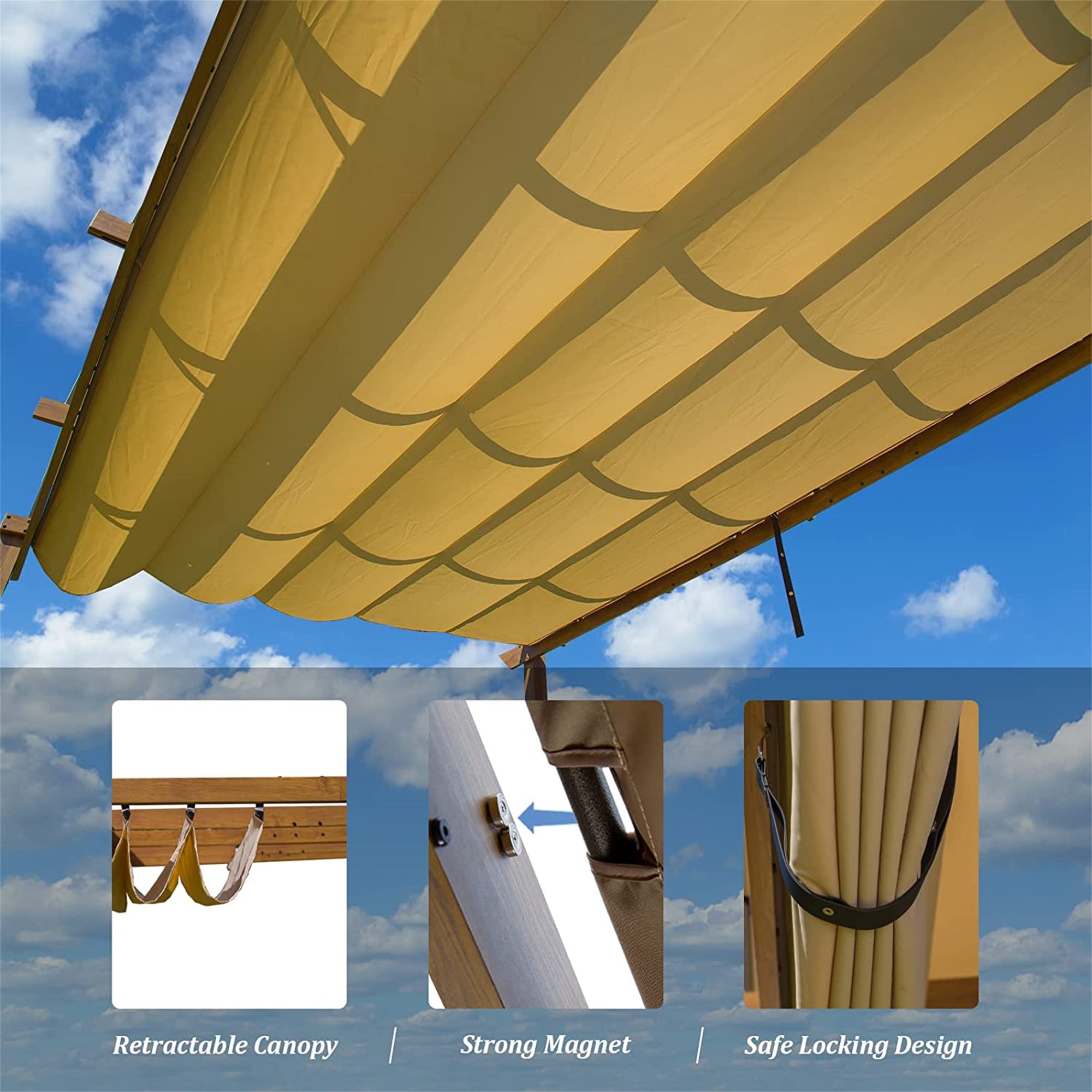 13' x 9' Outdoor Yellow Brown Aluminum Retractable Pergola with Weather-Resistant Sun Shade Canopy