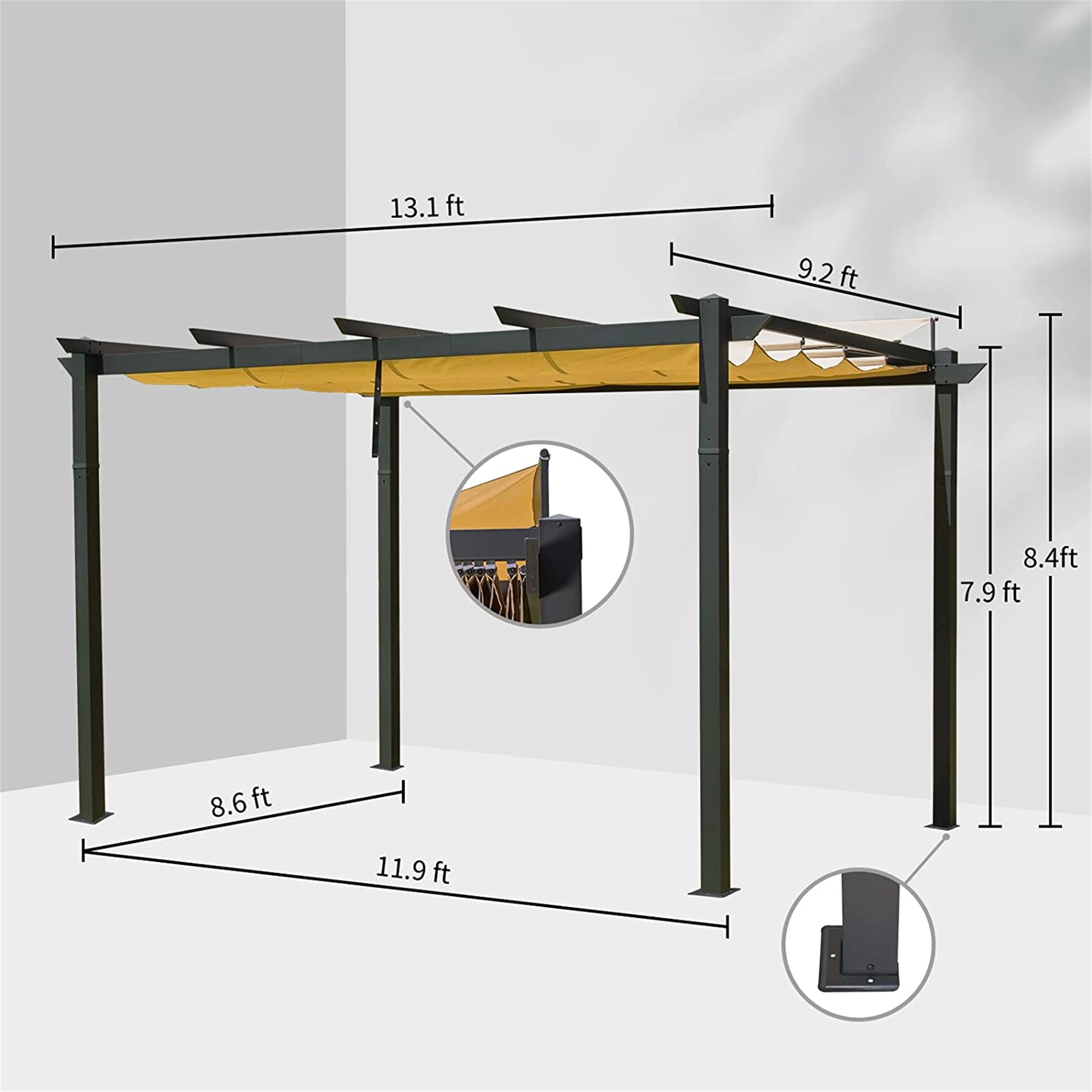 13' x 9' Outdoor Brown Aluminum Retractable Pergola with Weather-Resistant Sun Shade Canopy