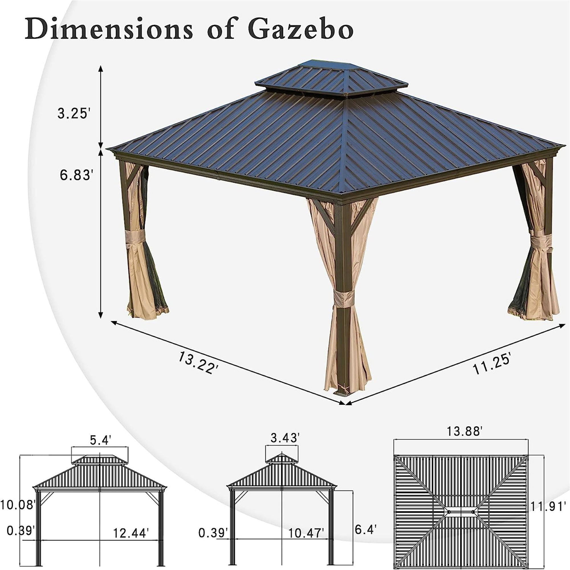 12’ x 14‘ Outdoor Hardtop Gazebo Aluminum Frame with Galvanized Steel Double Roof Curtains and Netting