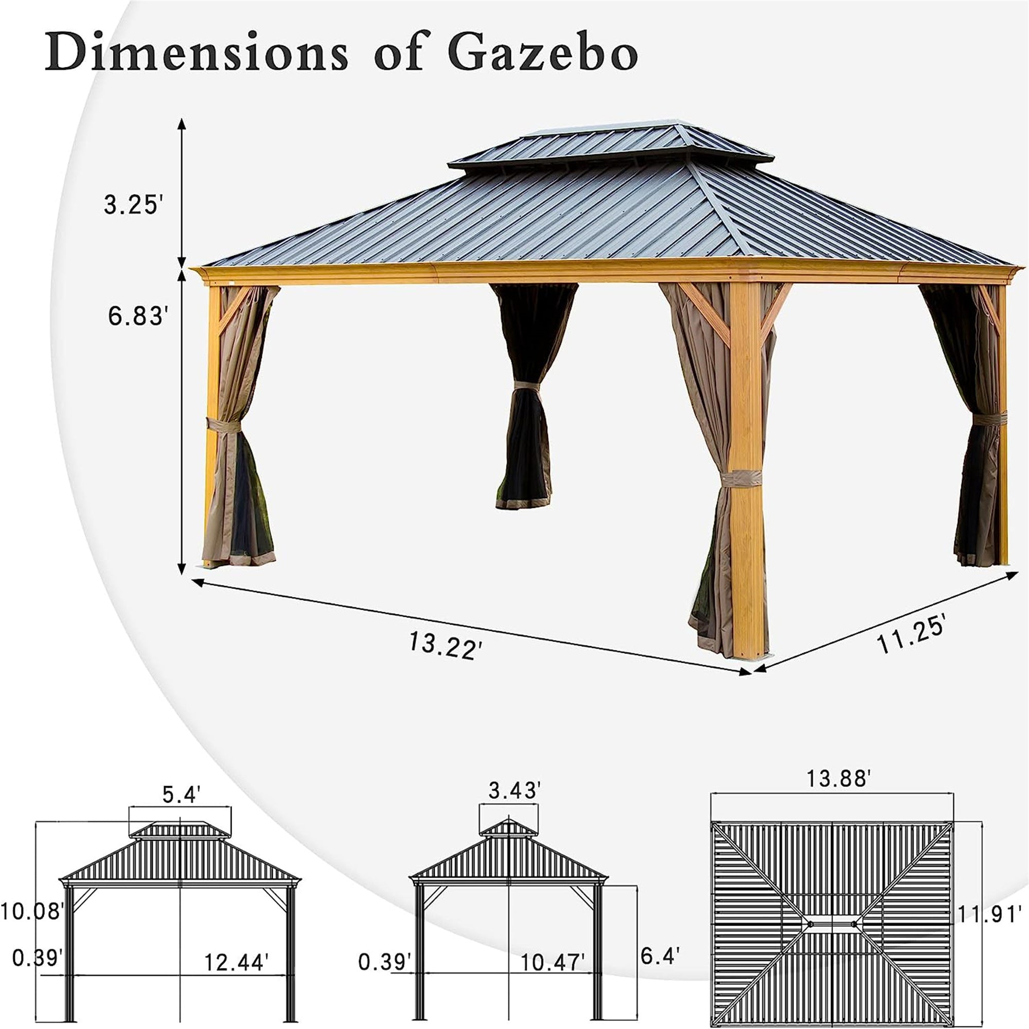 12’ x 14‘ Outdoor Hardtop Gazebo Aluminum Frame with Galvanized Steel Double Roof Curtains and Netting