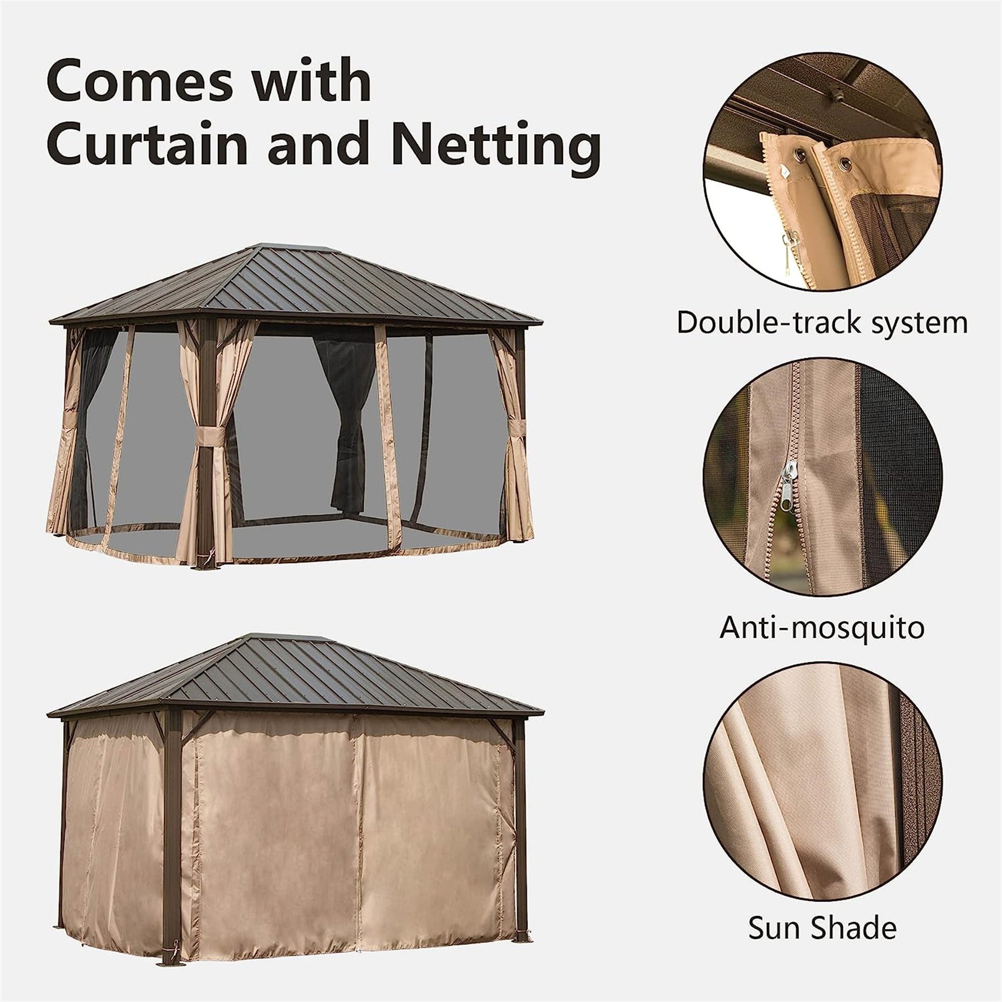 10' x 12' Outdoor Dark Brown Galvanized Steel Roof Gazebo with Aluminum Frame with Netting and Curtains