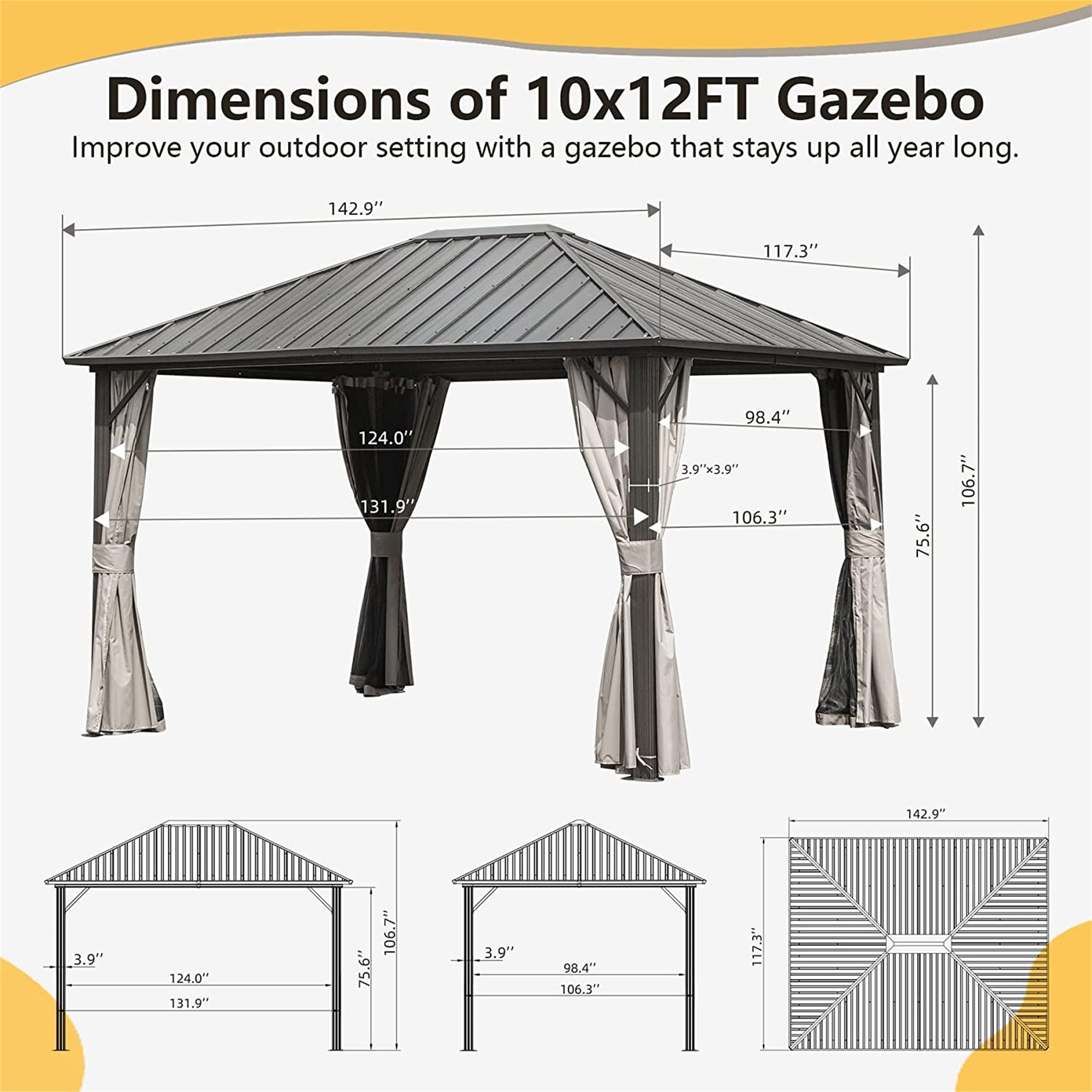 10' x 12' Outdoor Dark Brown Galvanized Steel Roof Gazebo with Aluminum Frame with Netting and Curtains