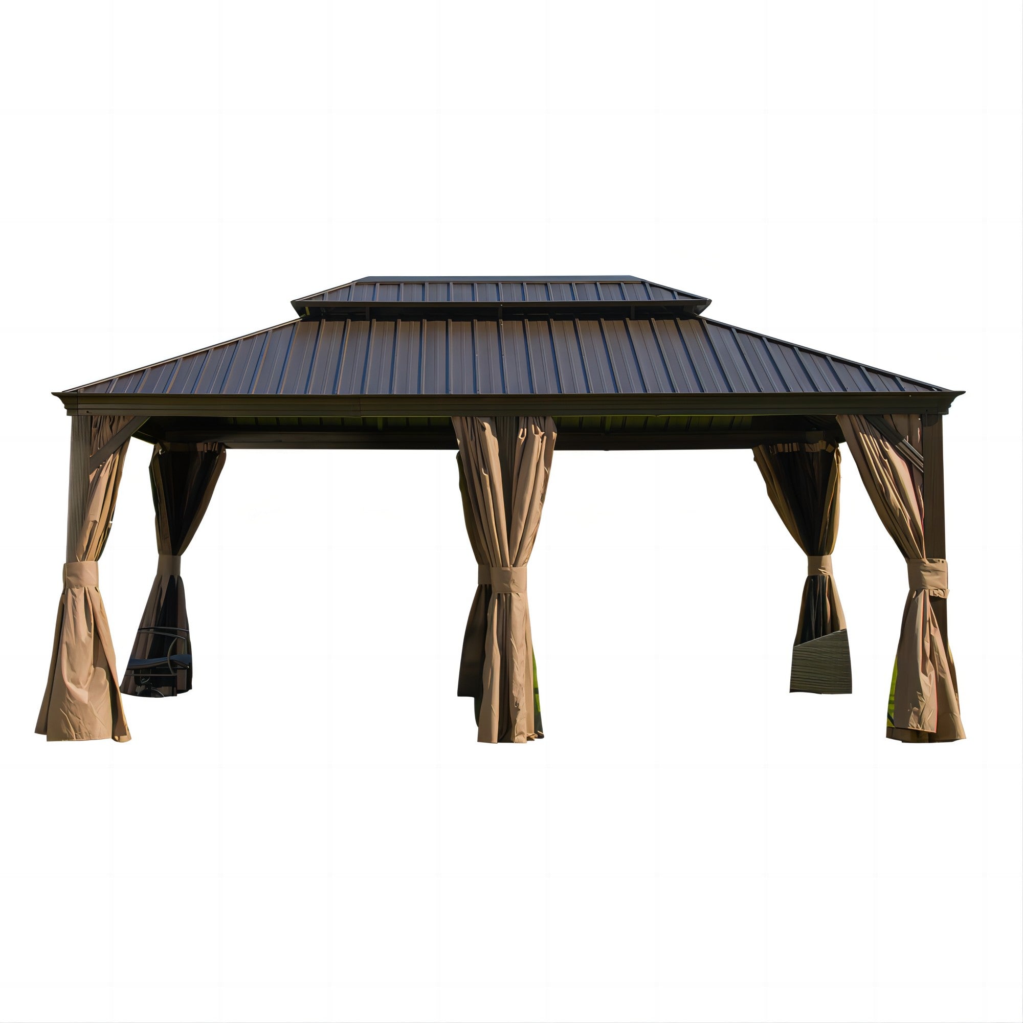 12' x 18' Outdoor Brown Hardtop Gazebo Aluminum Frame with Galvanized Steel Double Roof