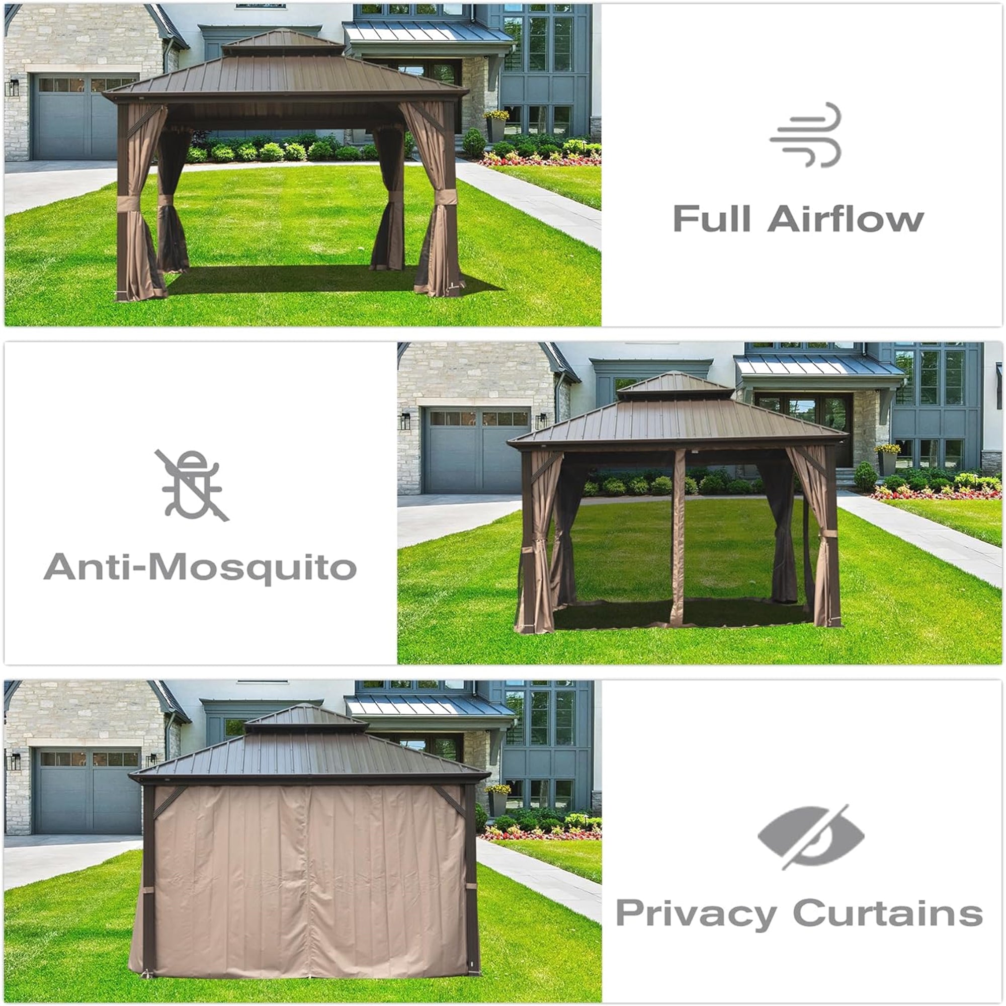 10' x 10' Outdoor Gray Aluminum Metal Hardtop Gazebo with Galvanized Steel Double Roof with Curtain and Netting