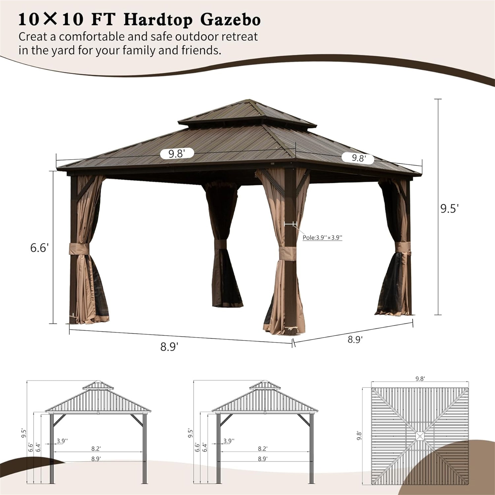 10' x 10' Outdoor Gray Aluminum Metal Hardtop Gazebo with Galvanized Steel Double Roof with Curtain and Netting