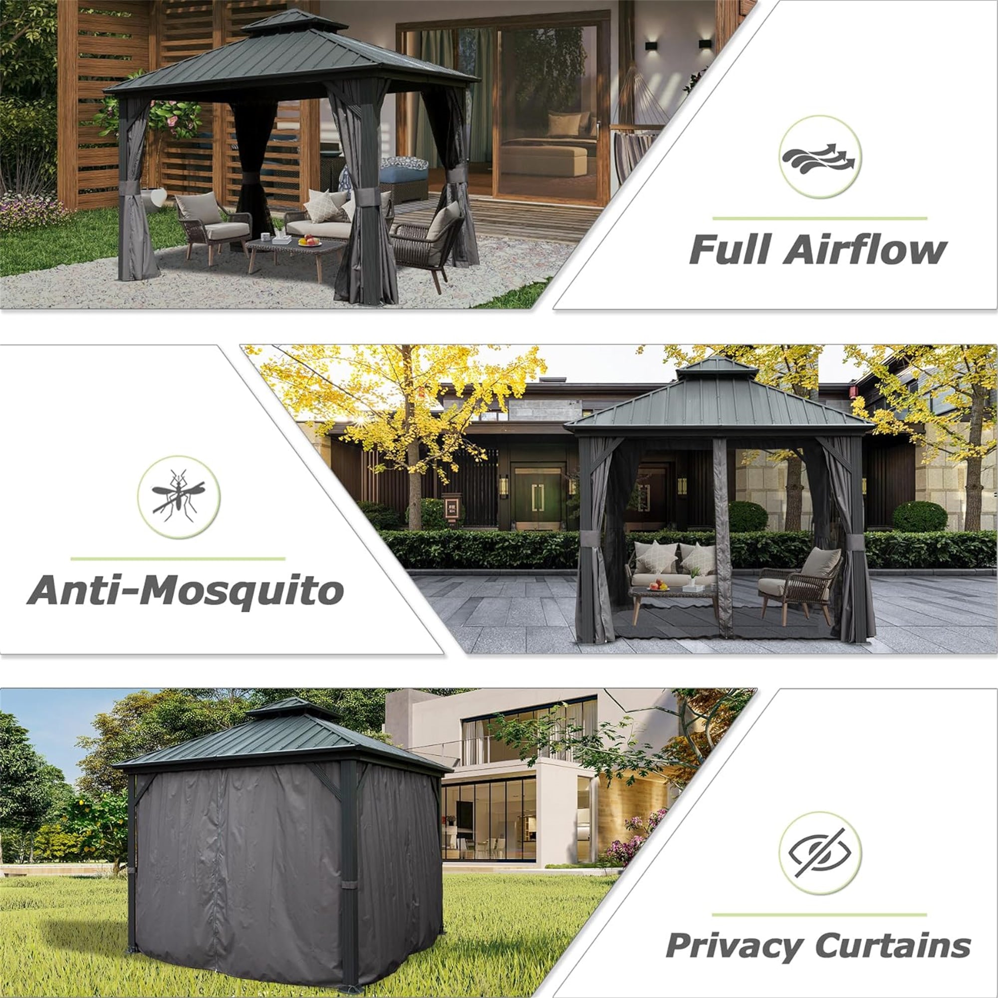 10' x 10' Outdoor Gray Aluminum Metal Hardtop Gazebo with Galvanized Steel Double Roof with Curtain and Netting