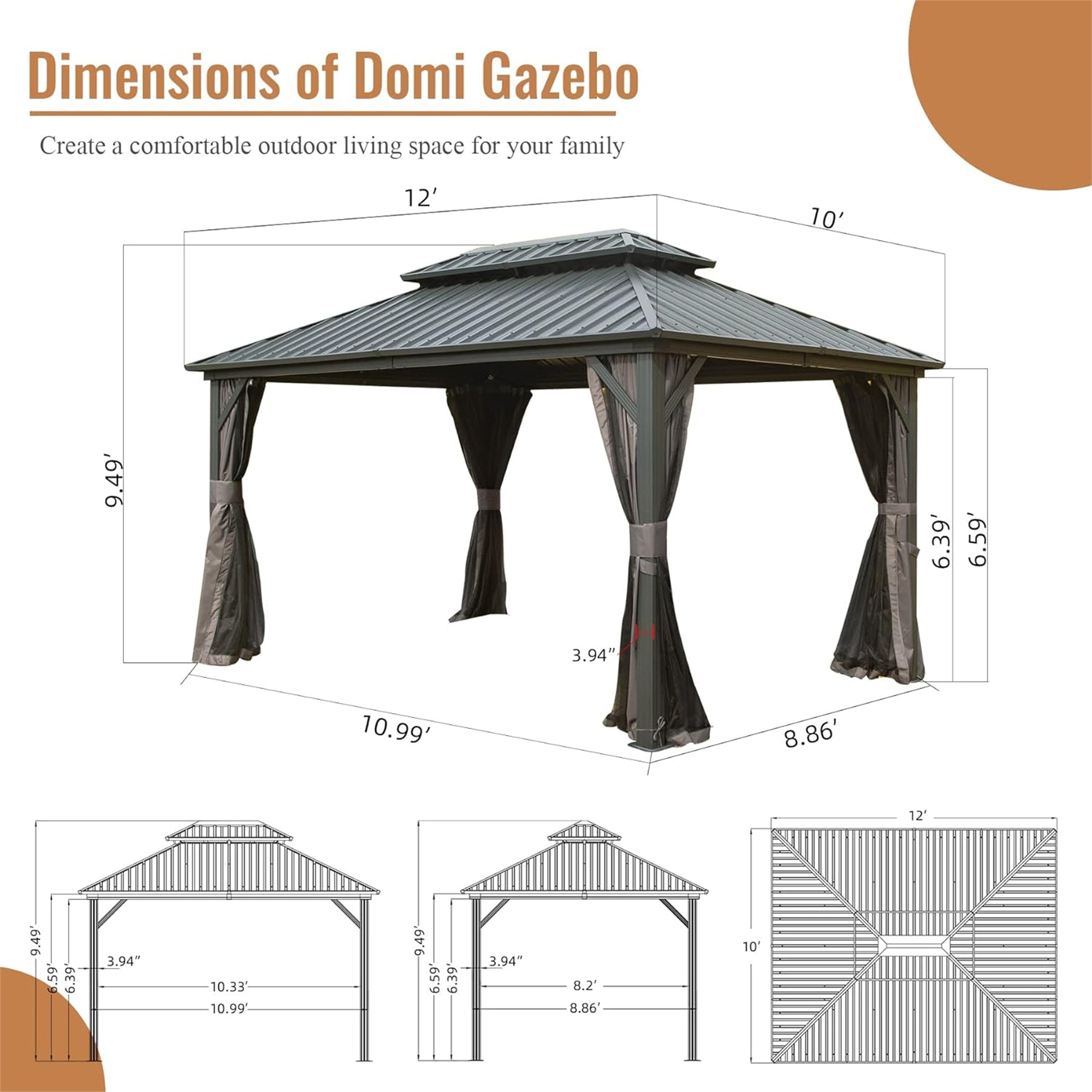 10' x 12' Outdoor Gray Aluminum Hardtop Gazebo with Galvanized Steel Double Roof with Curtain and Netting