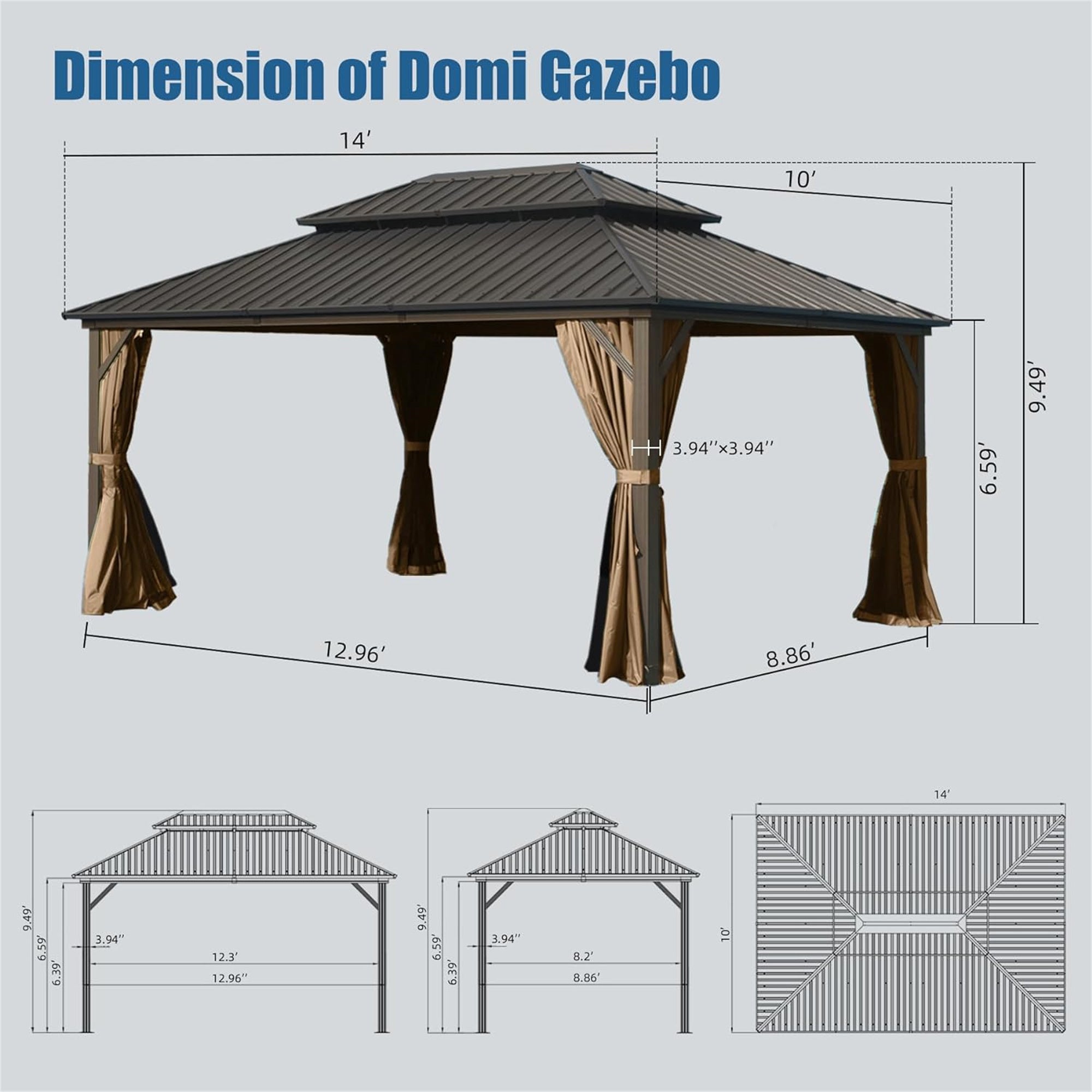 10' x 14' Outdoor Aluminum Hardtop Gazebo with Galvanized Steel Double Roof with Curtain and Netting