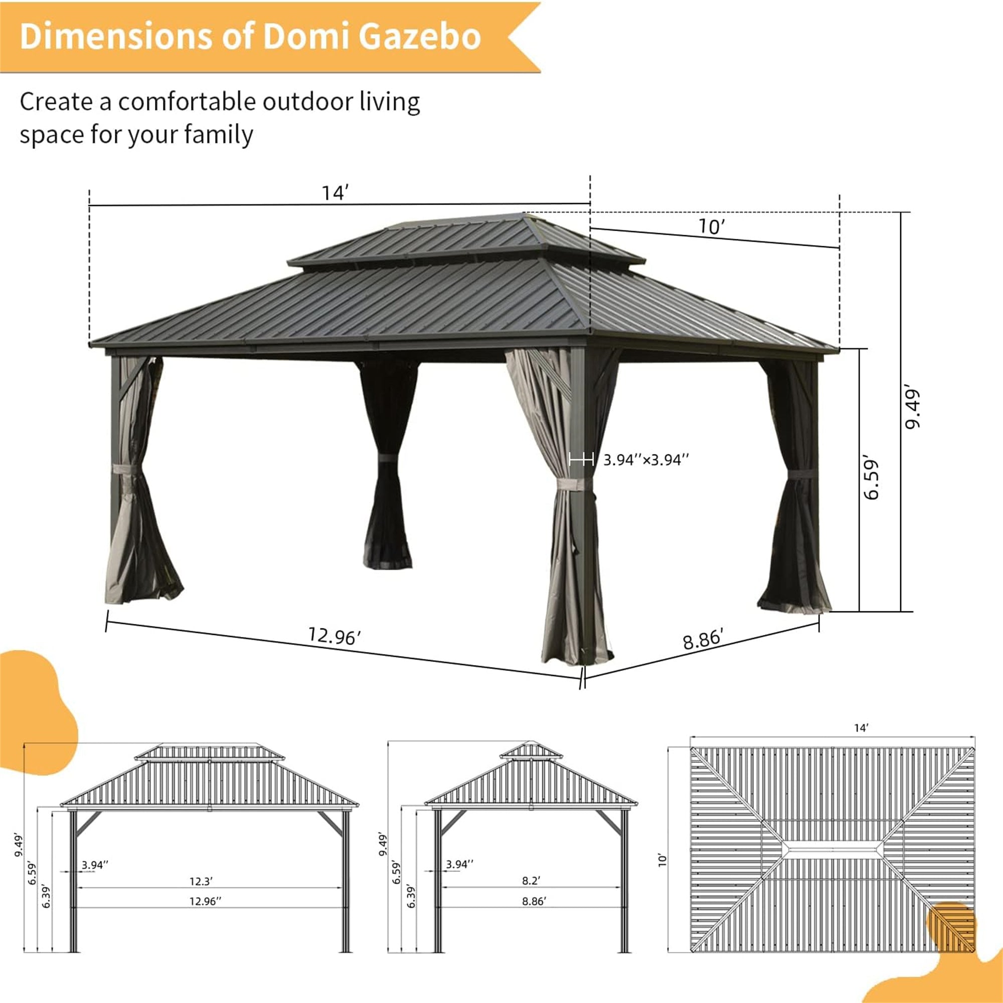 10' x 14' Outdoor Aluminum Hardtop Gazebo with Galvanized Steel Double Roof with Curtain and Netting