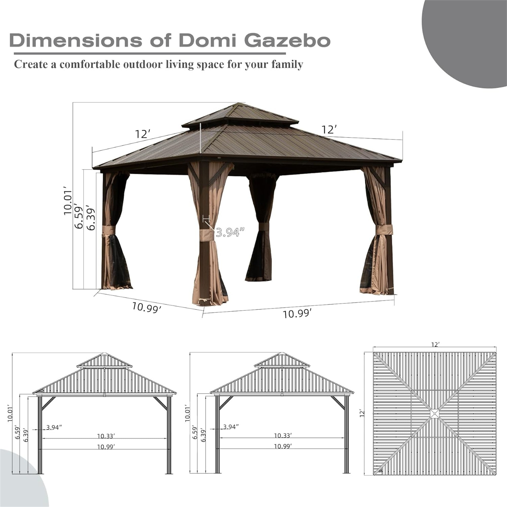 12' x 12' Outdoor Aluminum Hardtop Gazebo with Galvanized Steel Double Roof with Curtain and Netting