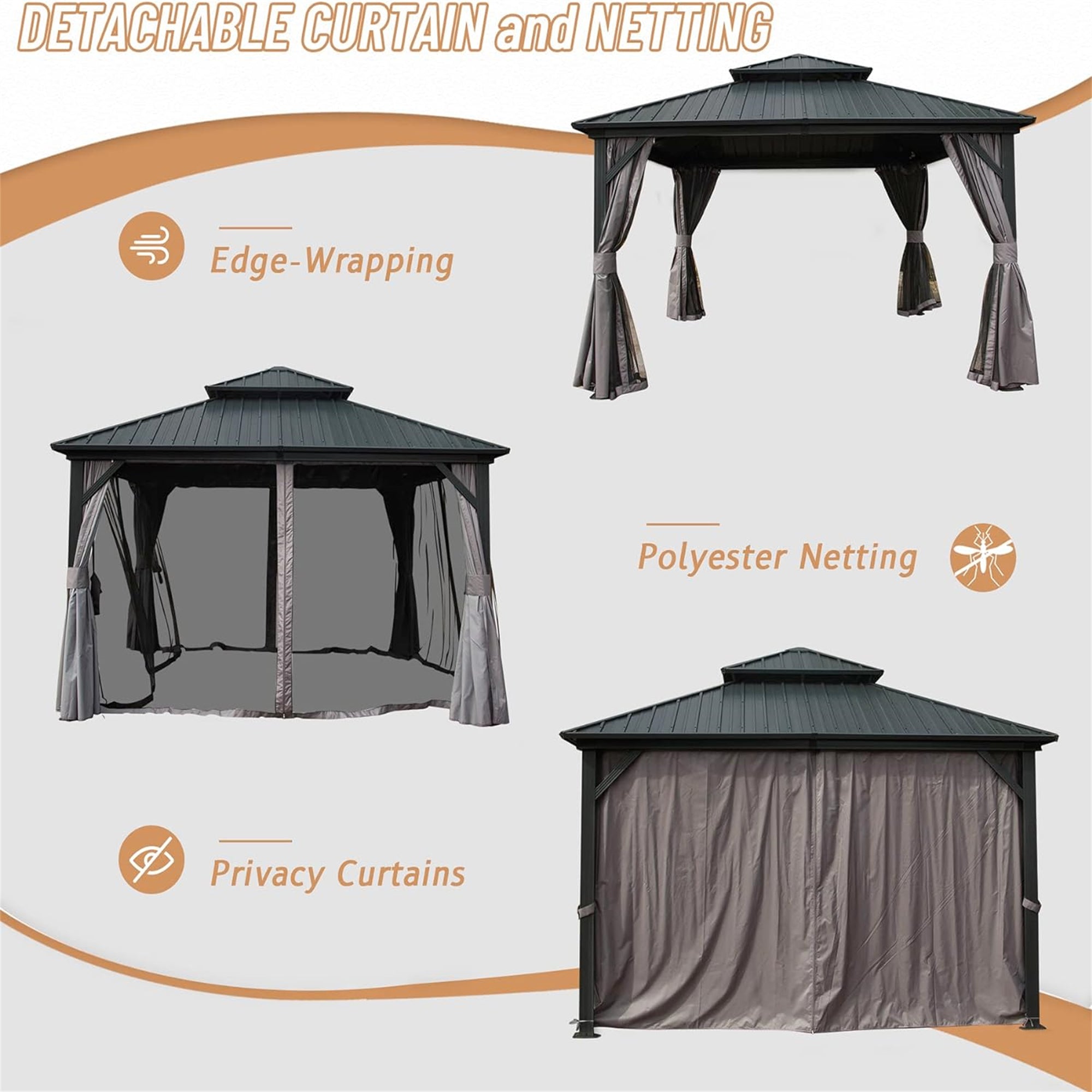 12' x 12' Outdoor Aluminum Hardtop Gazebo with Galvanized Steel Double Roof with Curtain and Netting