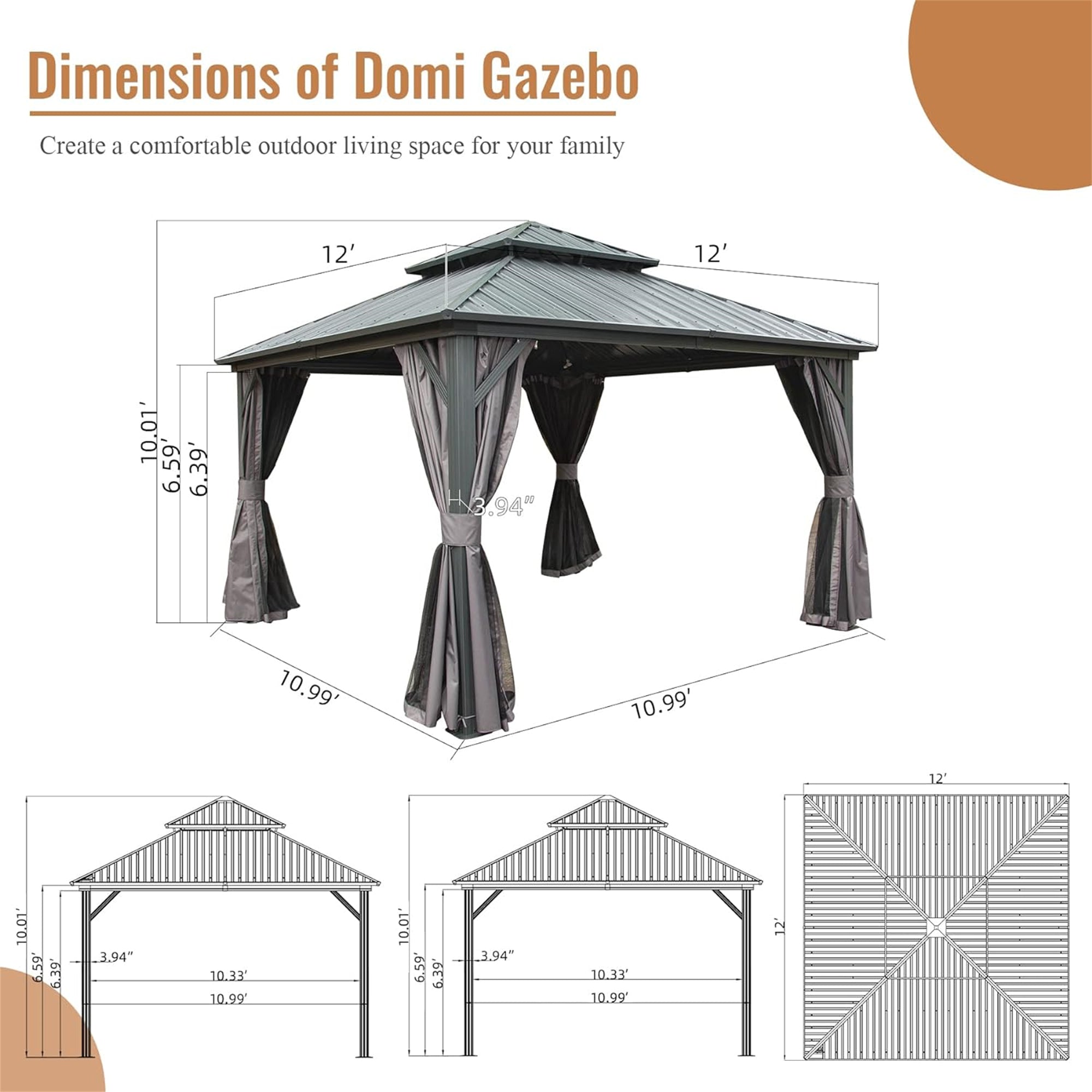 12' x 12' Outdoor Aluminum Hardtop Gazebo with Galvanized Steel Double Roof with Curtain and Netting